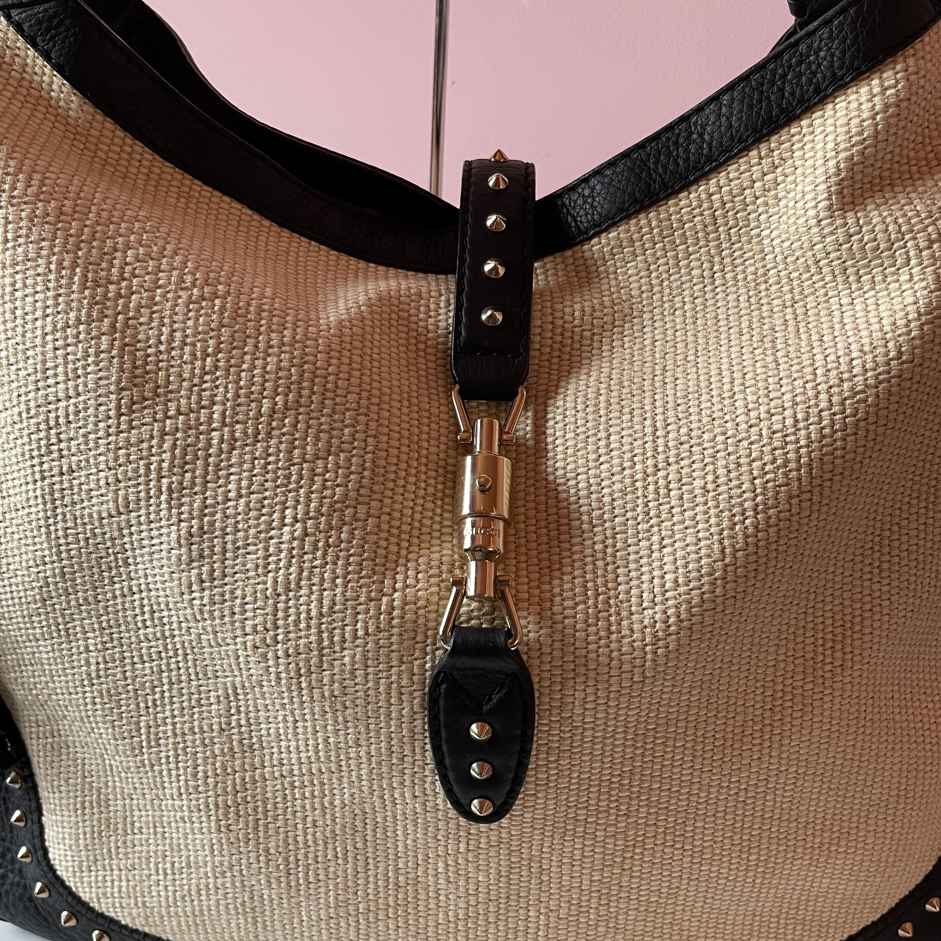 Gucci Raffia and Leather Studded New Jackie Large Shoulder Bag