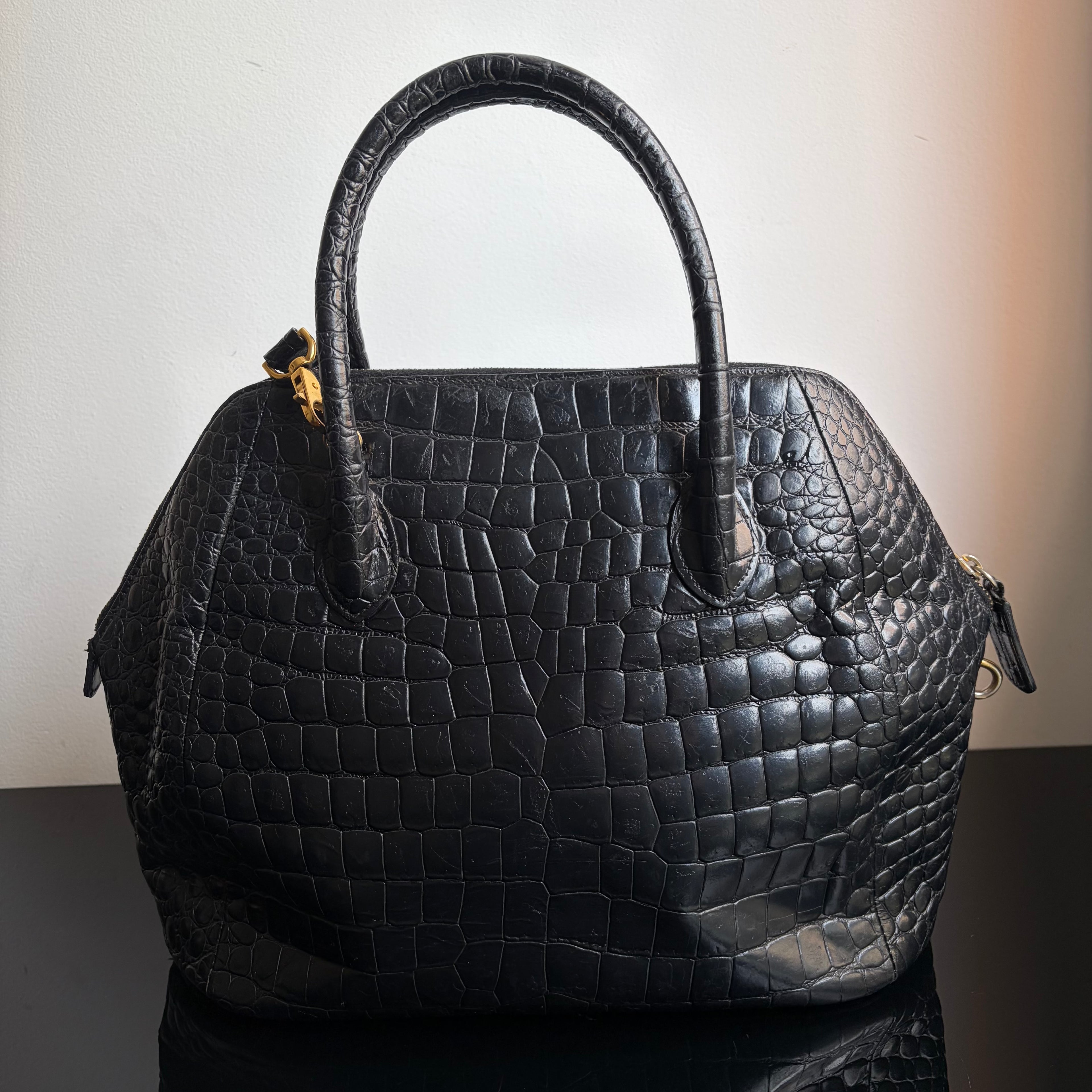 Gianni Versace 90s Crocodile-Embossed Top Handle Bag