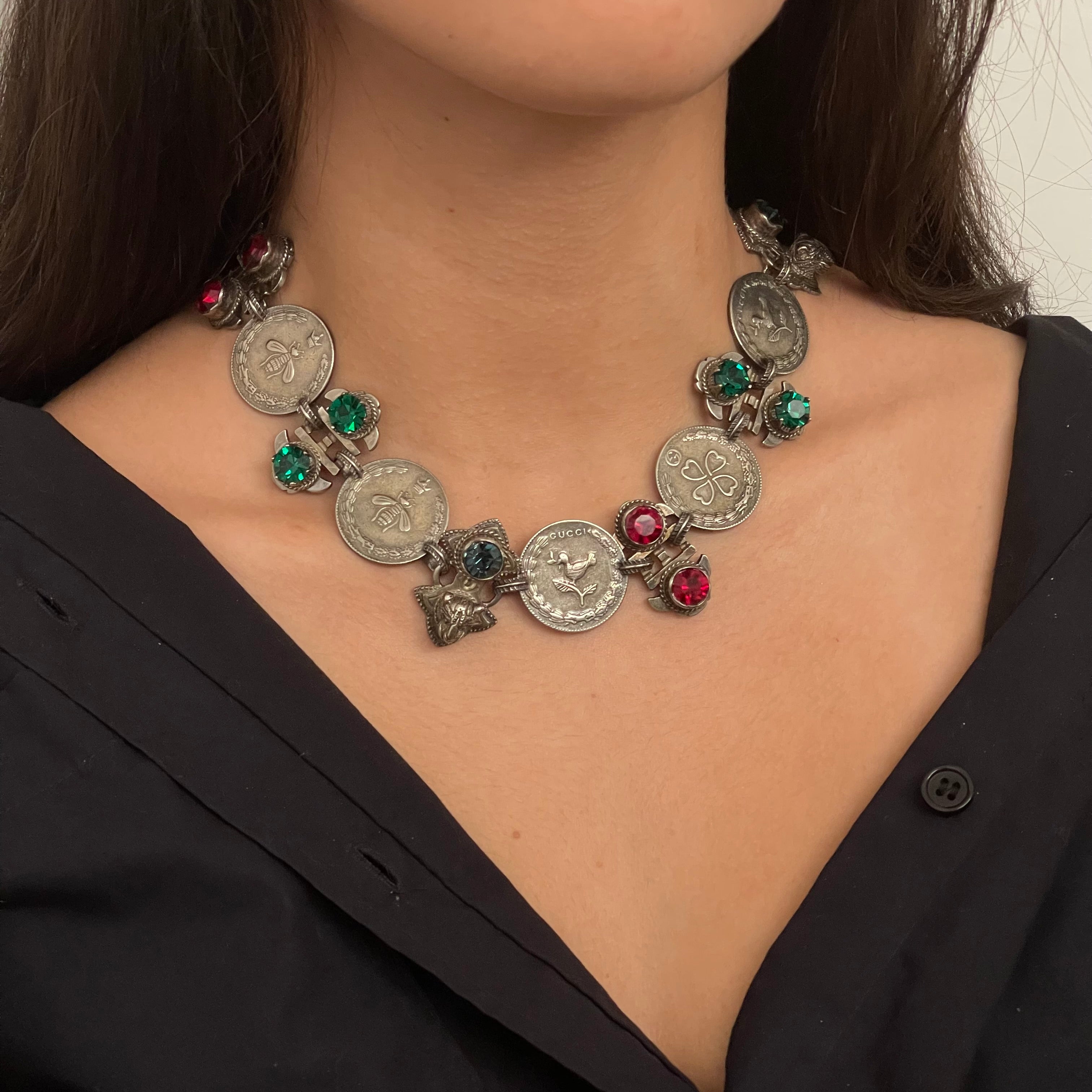 Gucci Crystal & Coin Statement Necklace