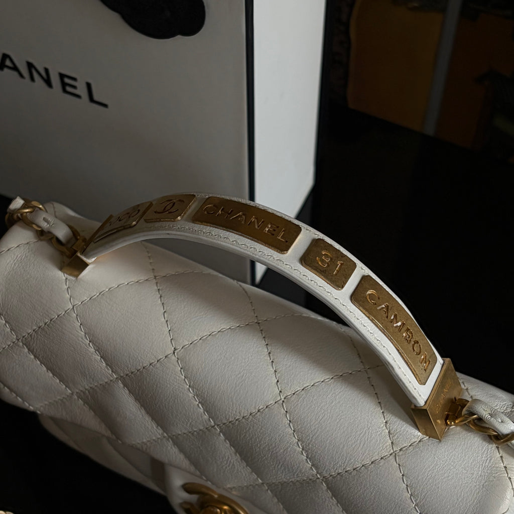 Chanel White Lambskin Leather Top Handle Flap Bag