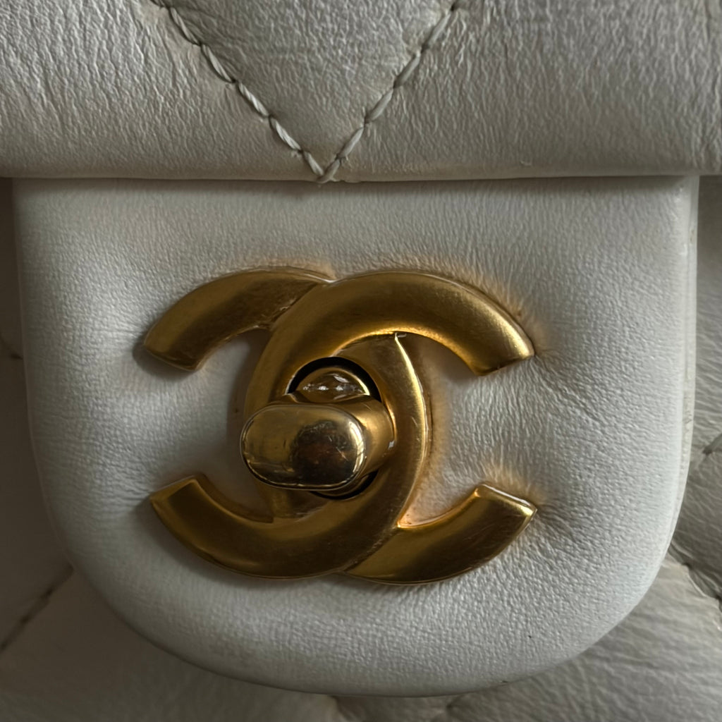 Chanel White Lambskin Leather Top Handle Flap Bag