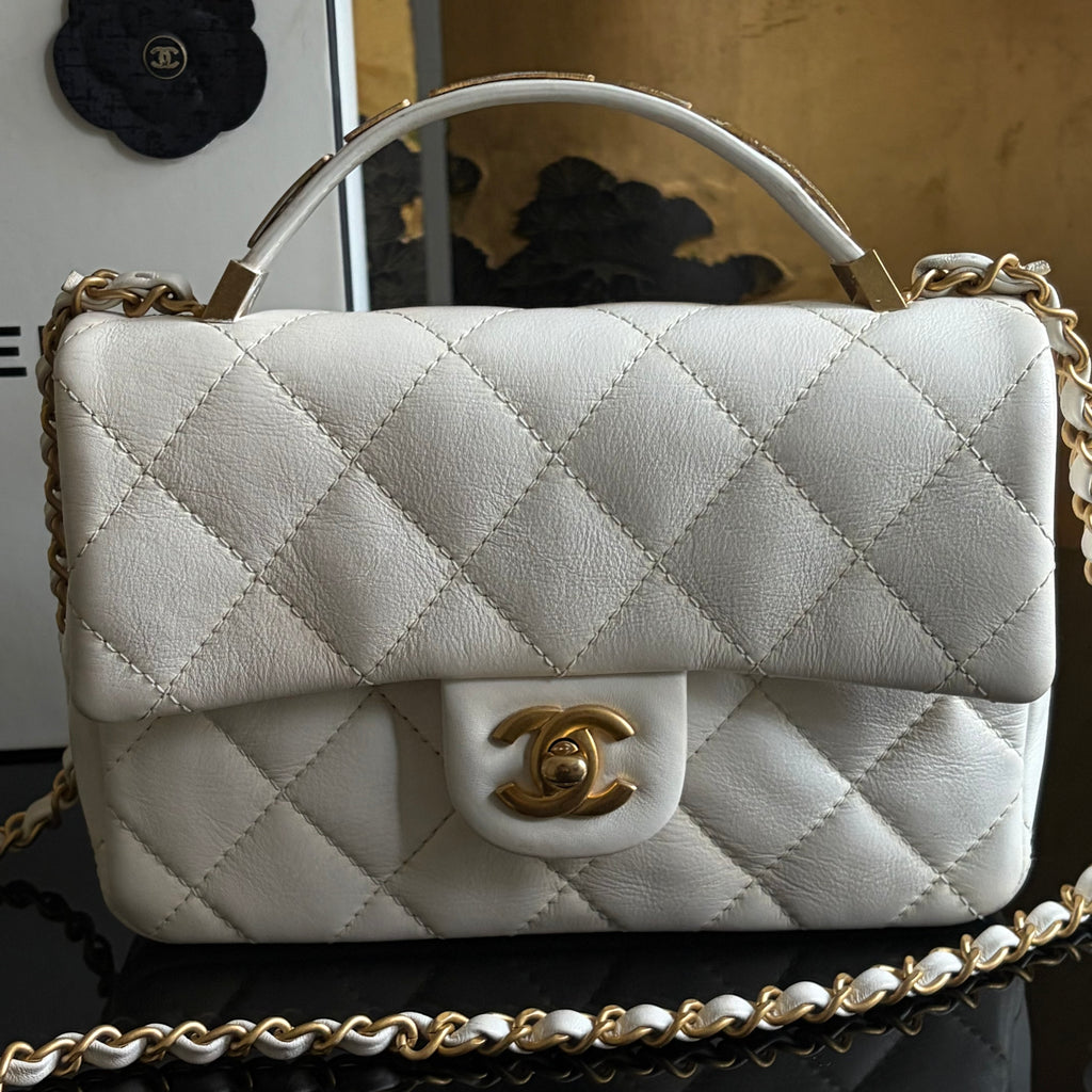 Chanel White Lambskin Leather Top Handle Flap Bag