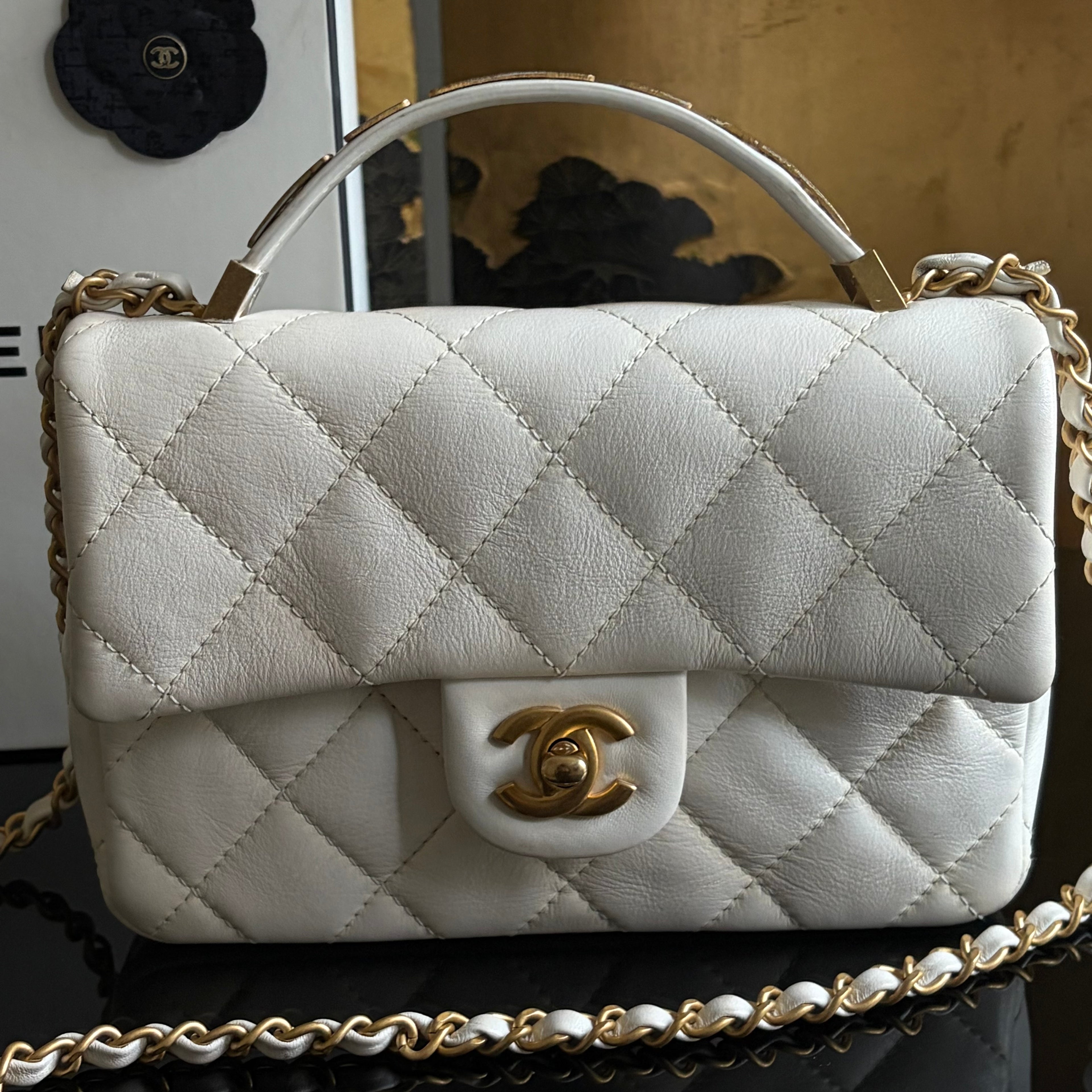 Chanel White Lambskin Leather Top Handle Flap Bag