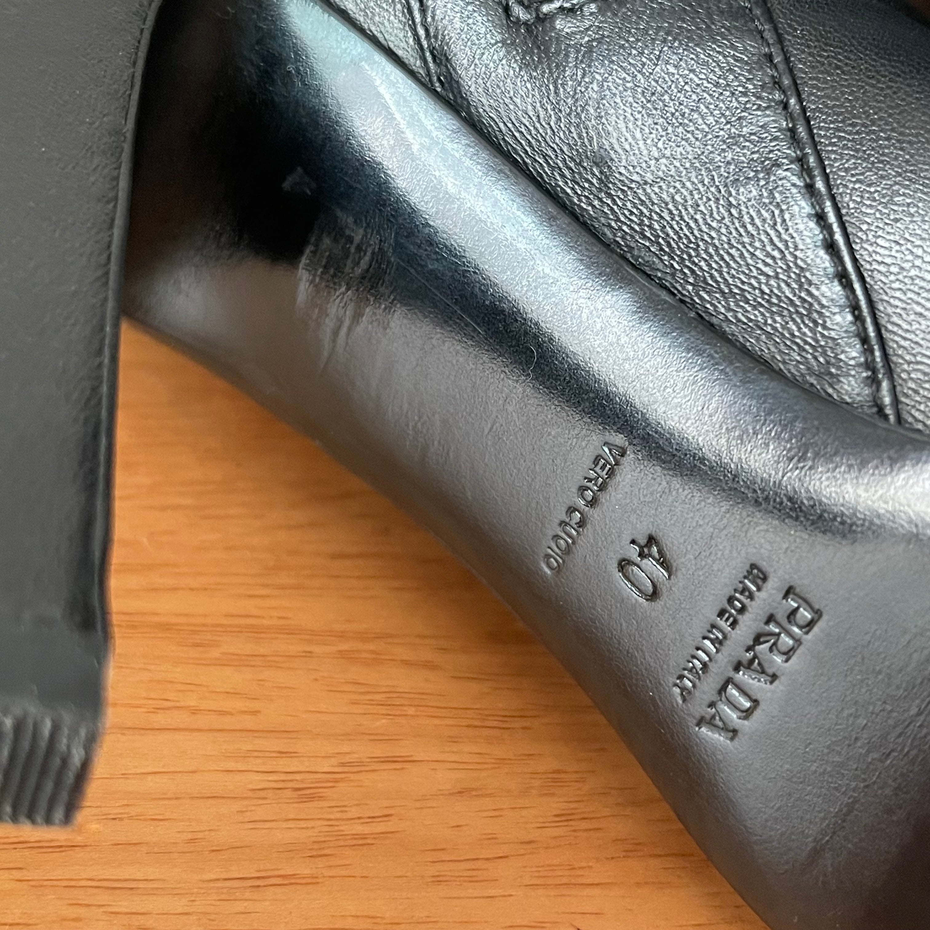 Prada Gaufre Black Leather Knee High Heeled Boots