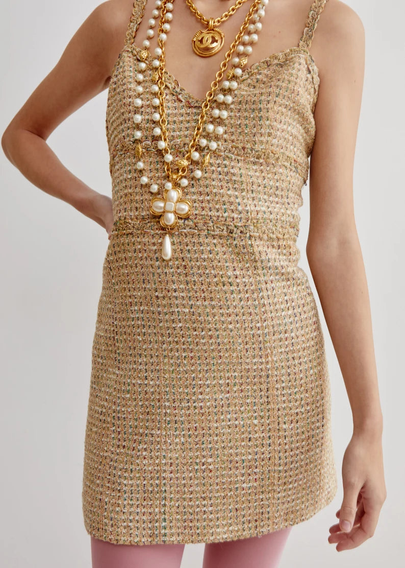 Chanel Tweed Gold Mini Dress Spring 1994