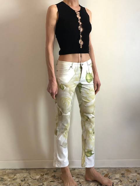Roberto Cavalli White Rose Print Jeans