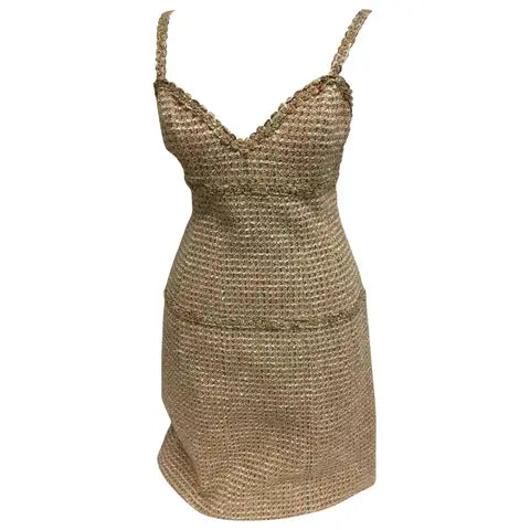 Chanel Tweed Gold Mini Dress Spring 1994