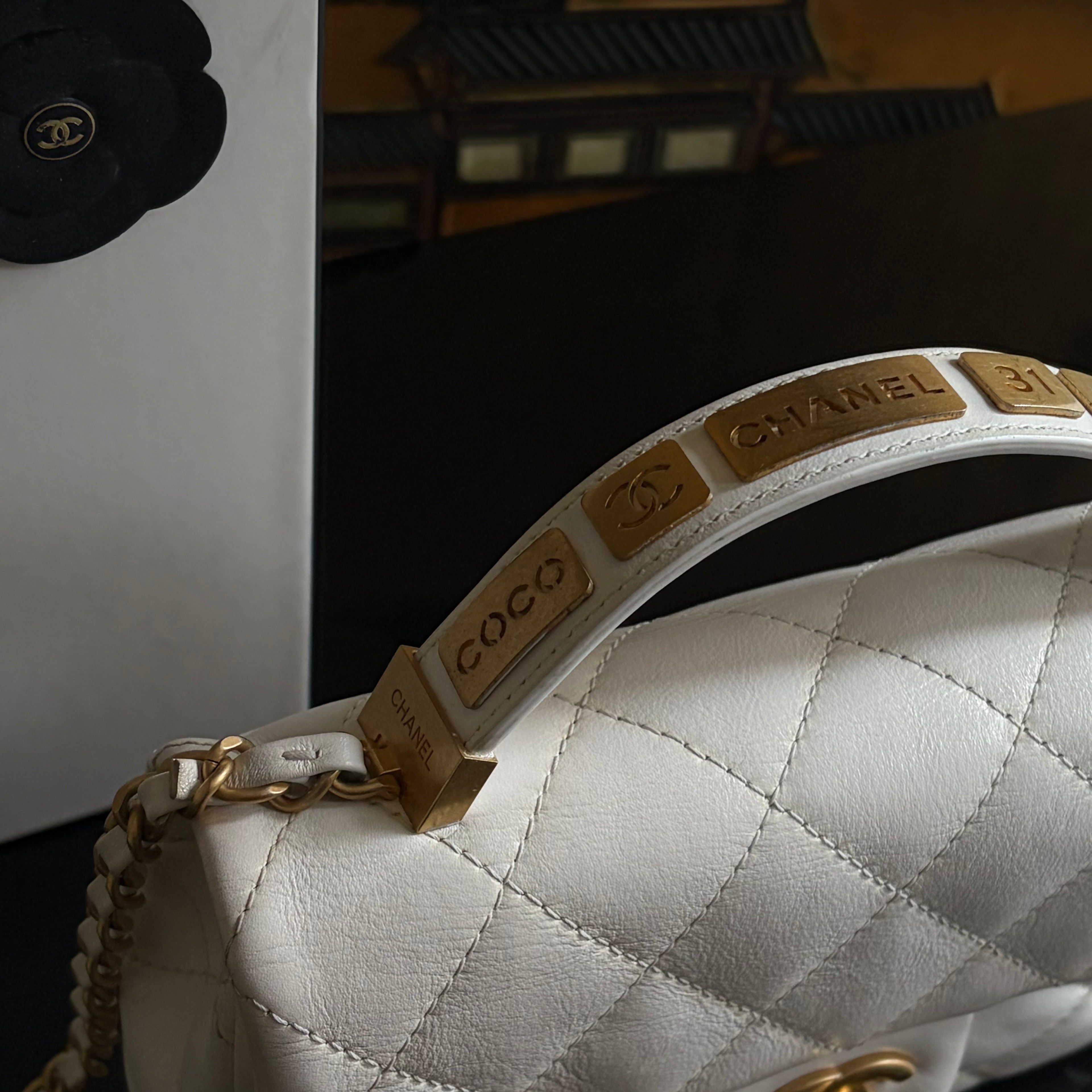 Chanel White Lambskin Leather Top Handle Flap Bag