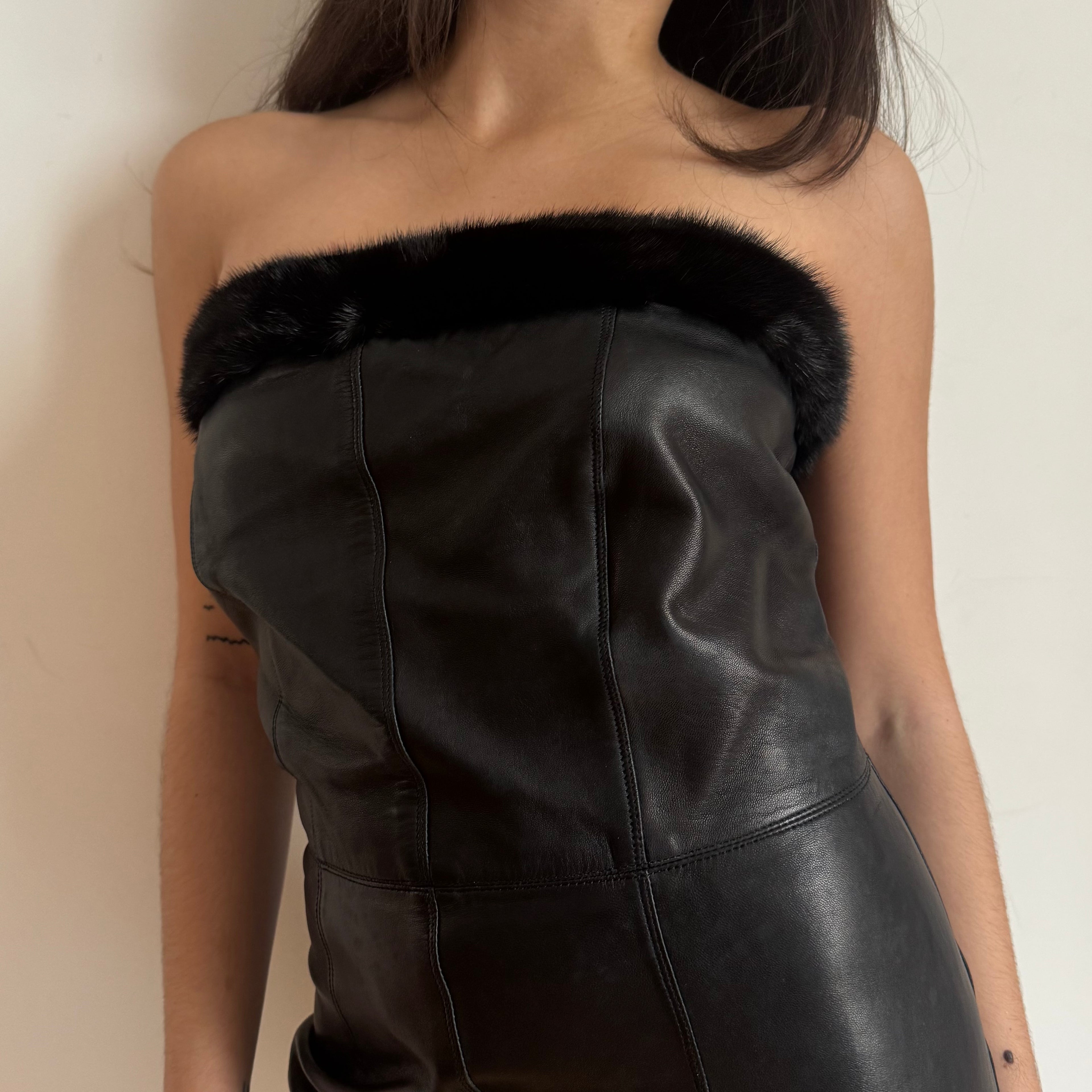 Gianni Versace 1997 Fur Trimmed Black Leather Dress