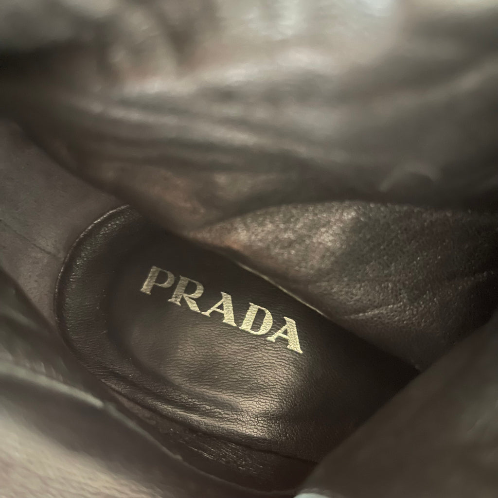 Prada Gaufre Black Leather Knee High Heeled Boots