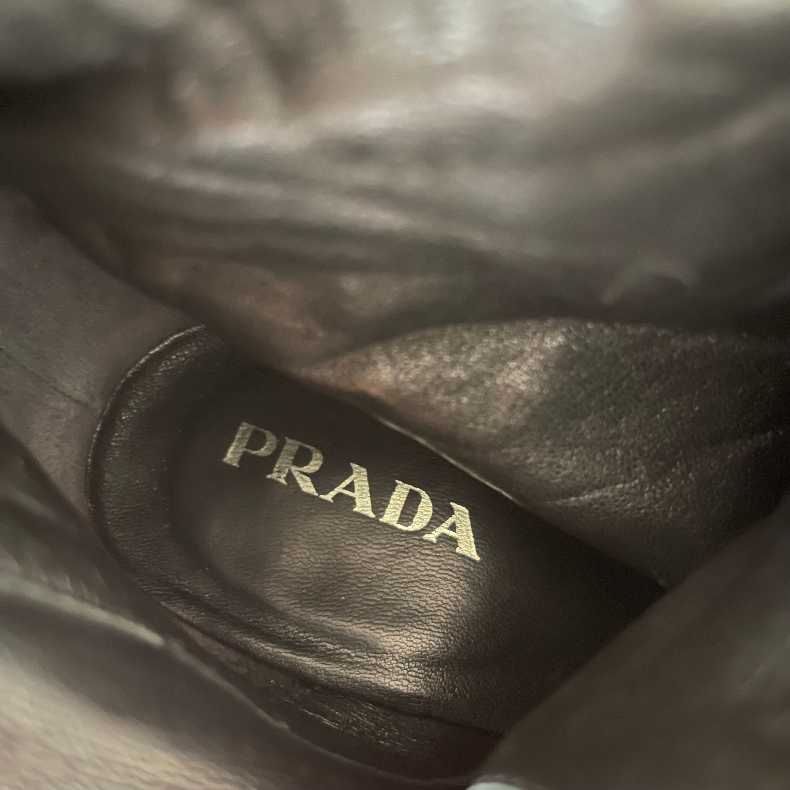 Prada Gaufre Black Leather Knee High Heeled Boots