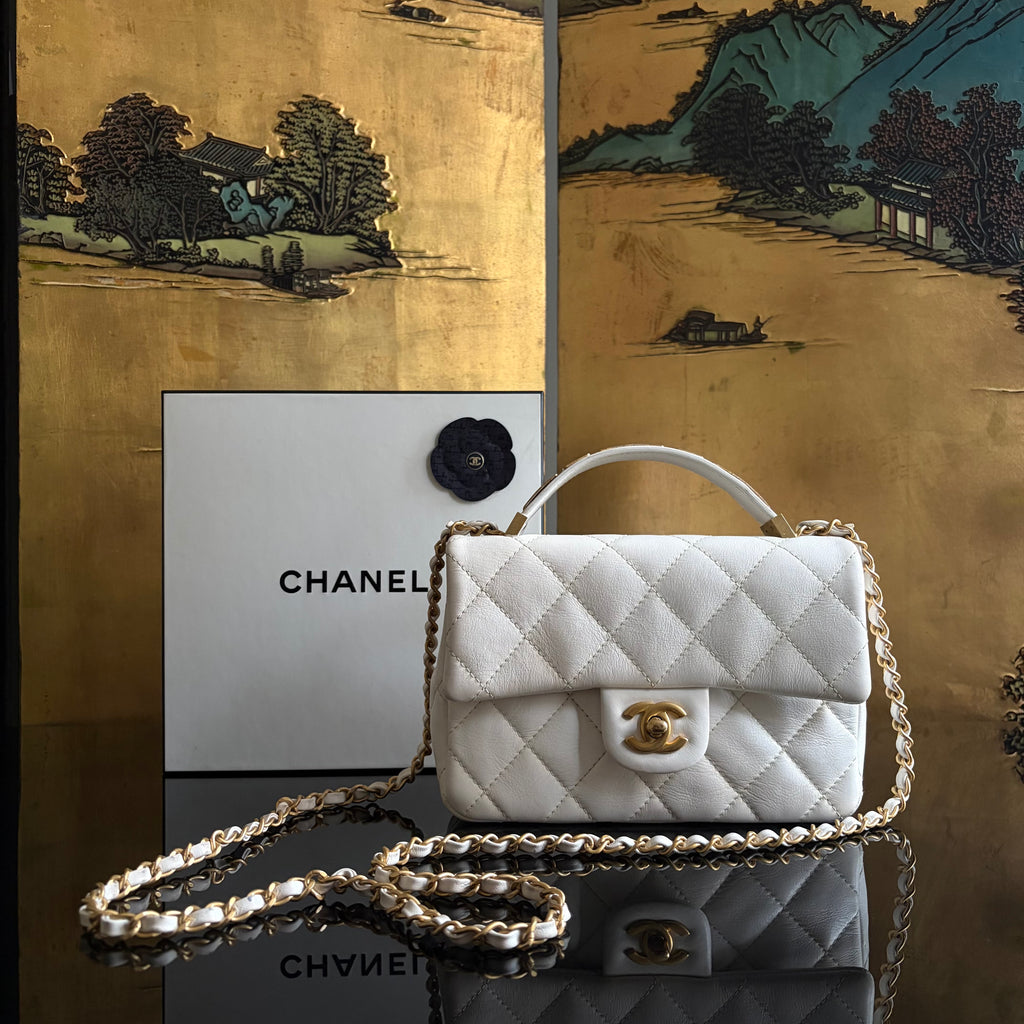 Chanel White Lambskin Leather Top Handle Flap Bag