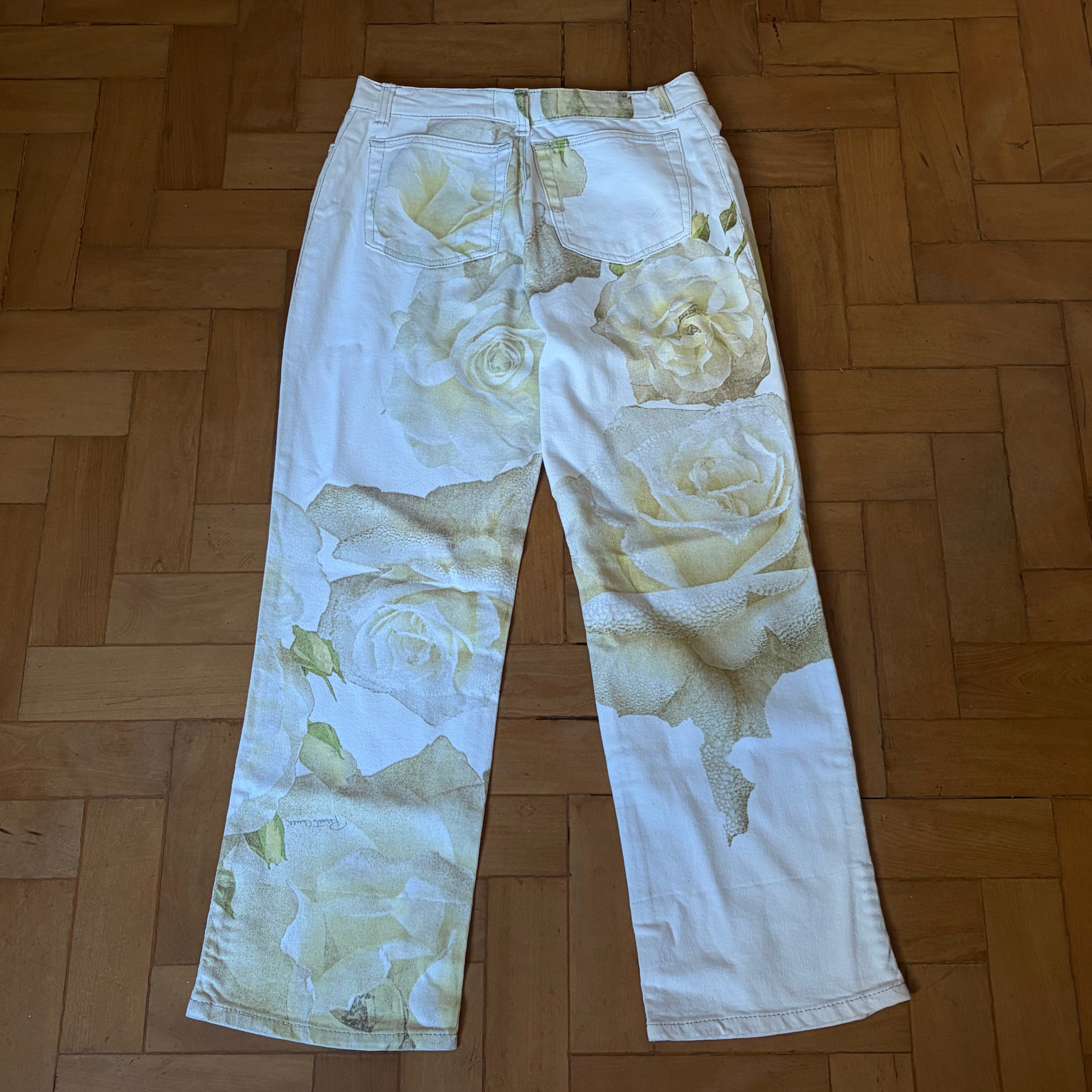 Roberto Cavalli White Rose Print Jeans