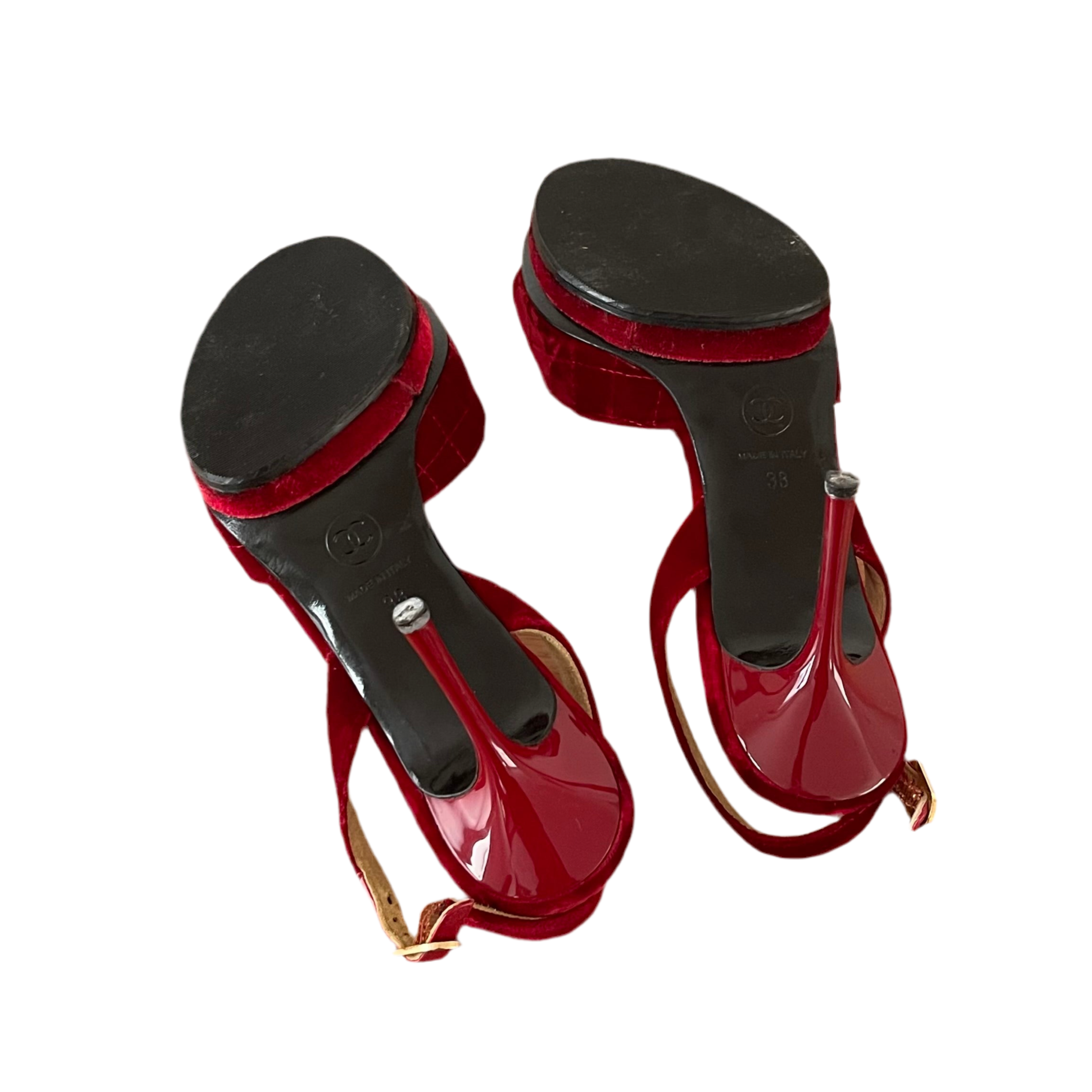 Chanel Red Floral Camellia Velvet Heels Pearl Toe