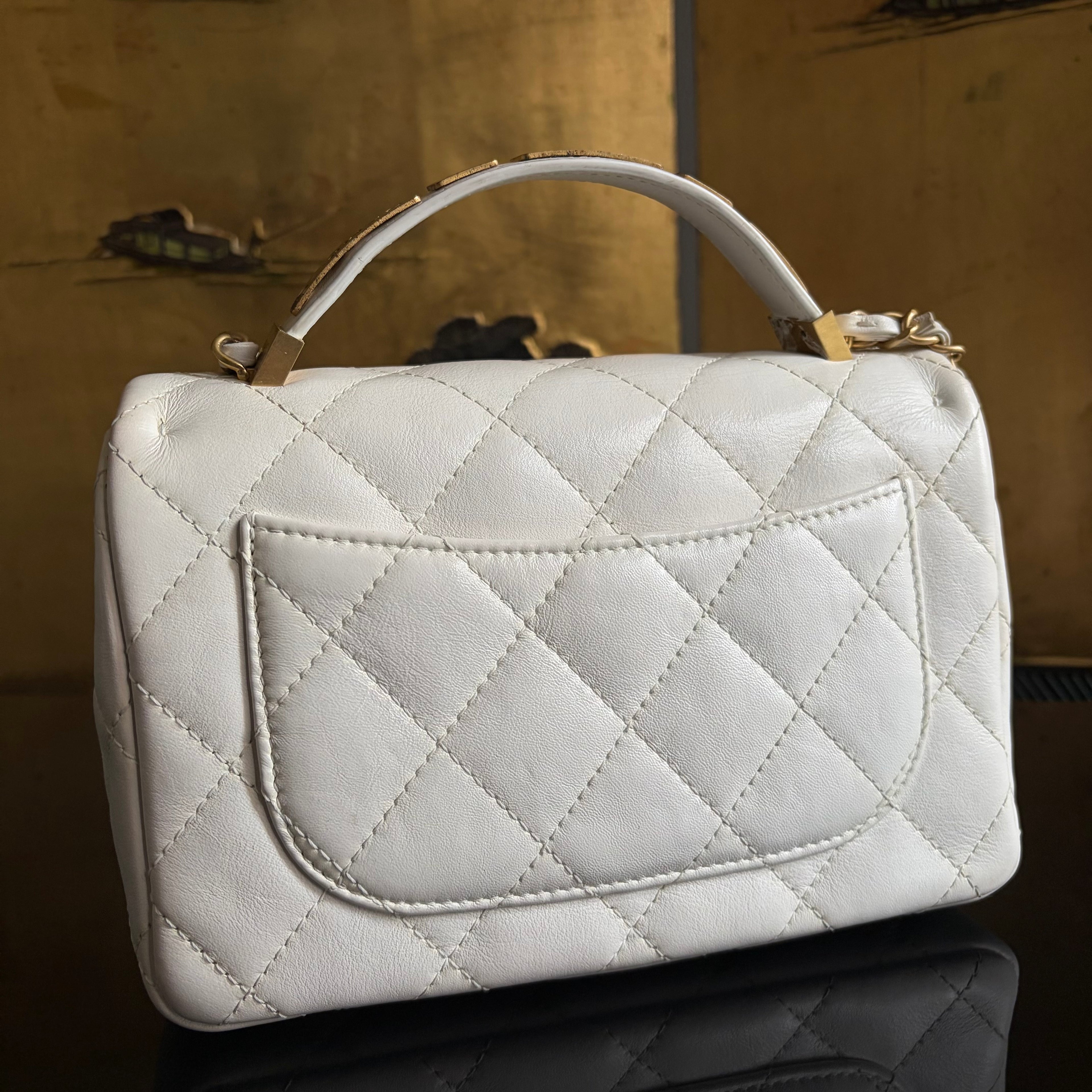 Chanel White Lambskin Leather Top Handle Flap Bag