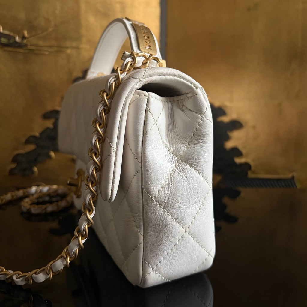 Chanel White Lambskin Leather Top Handle Flap Bag