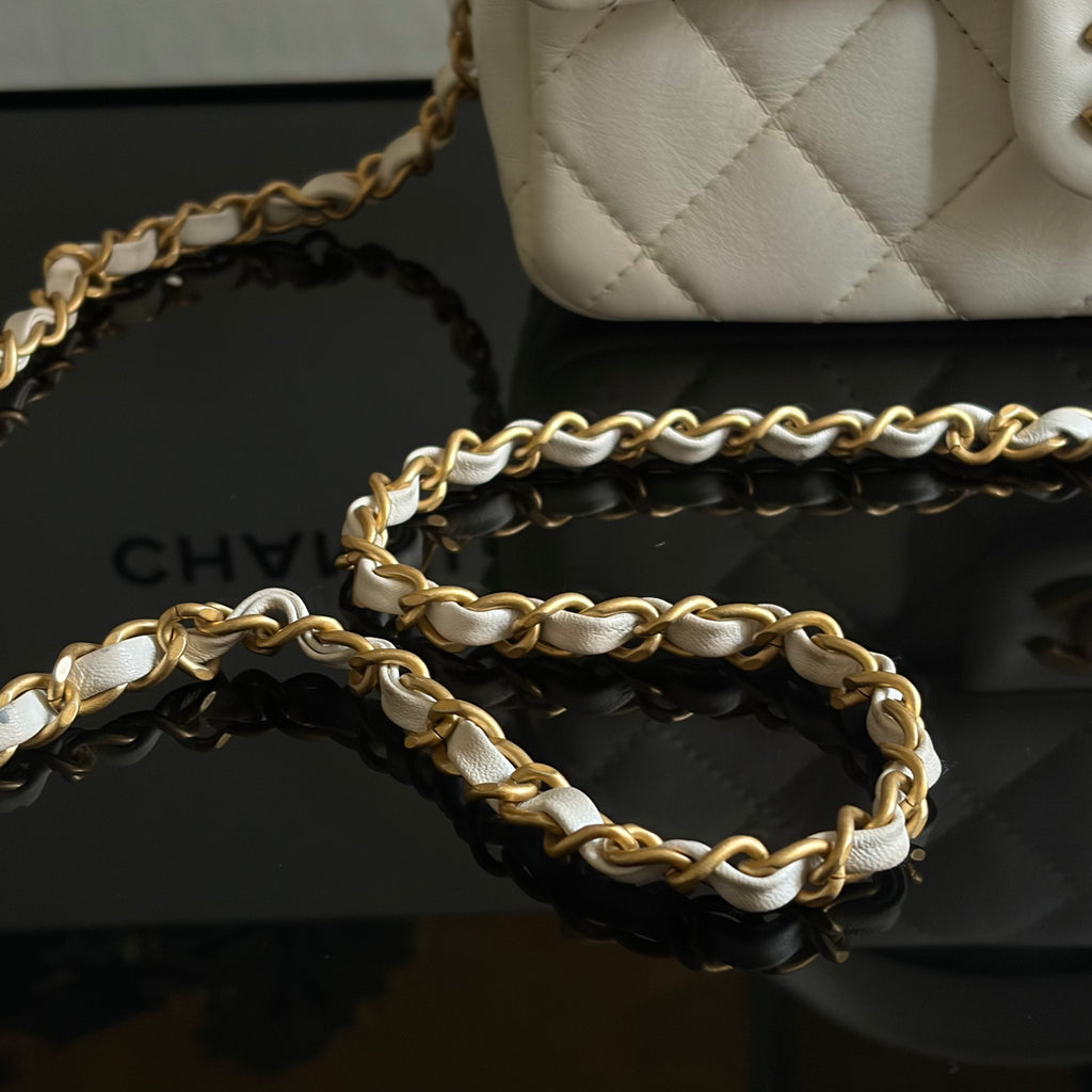 Chanel White Lambskin Leather Top Handle Flap Bag