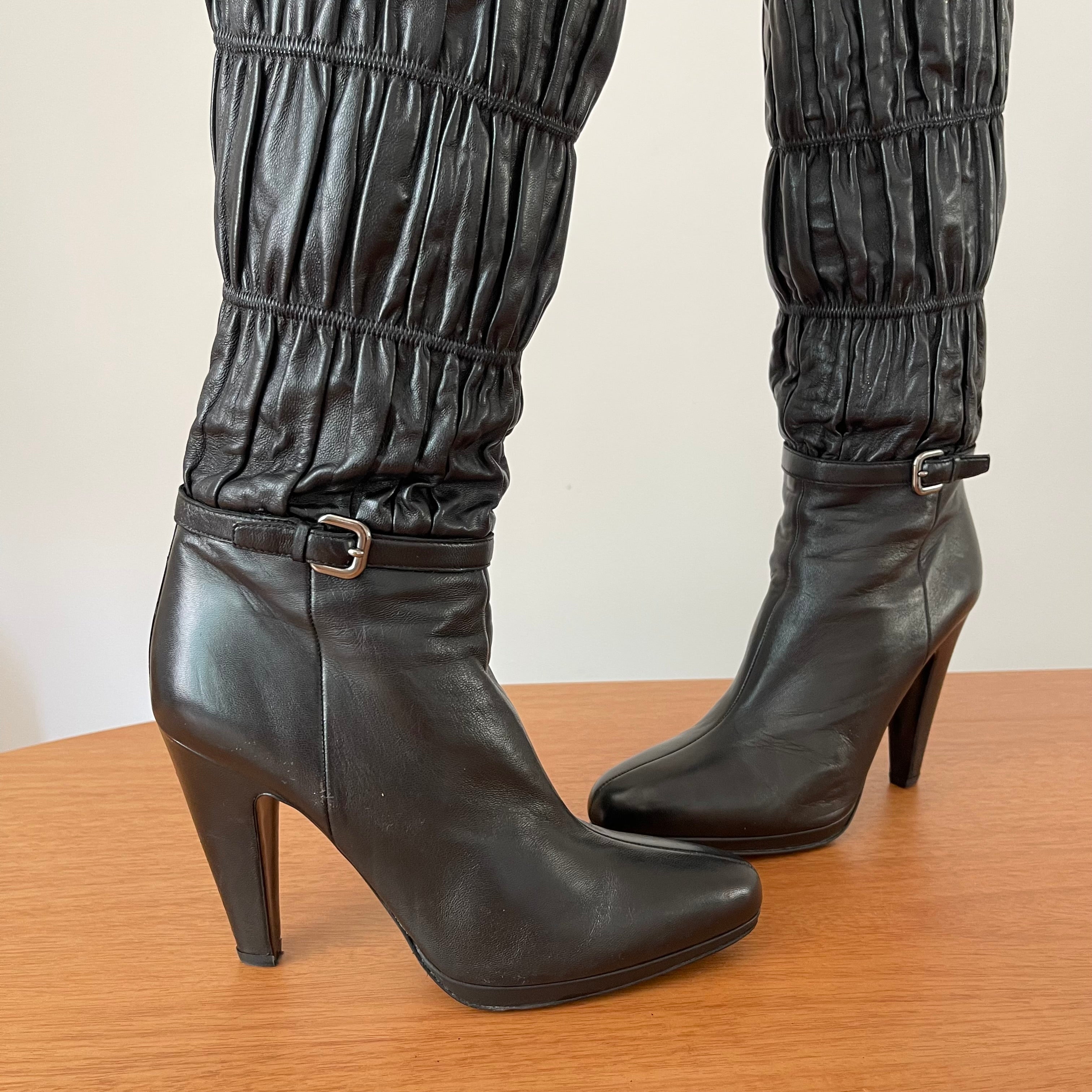 Prada Gaufre Black Leather Knee High Heeled Boots