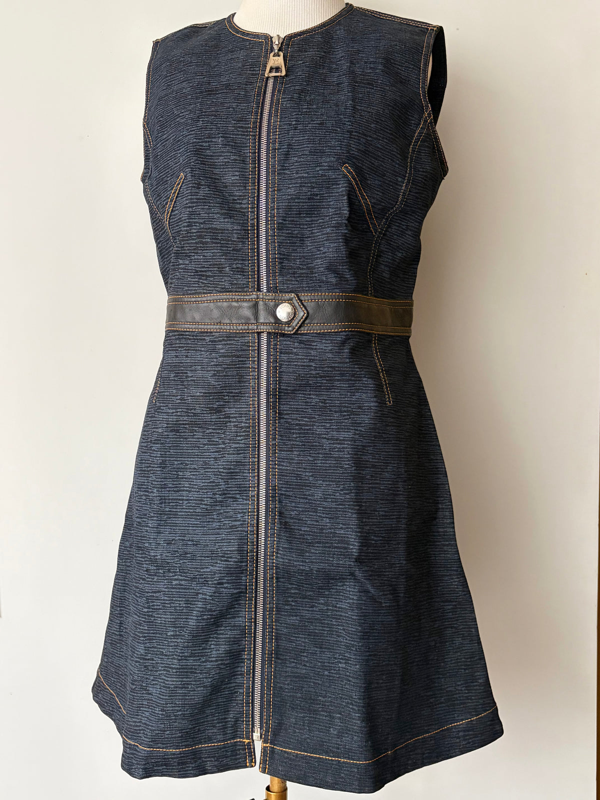 Louis Vuitton 2014 Blue Denim Leather Logo Zip Dress