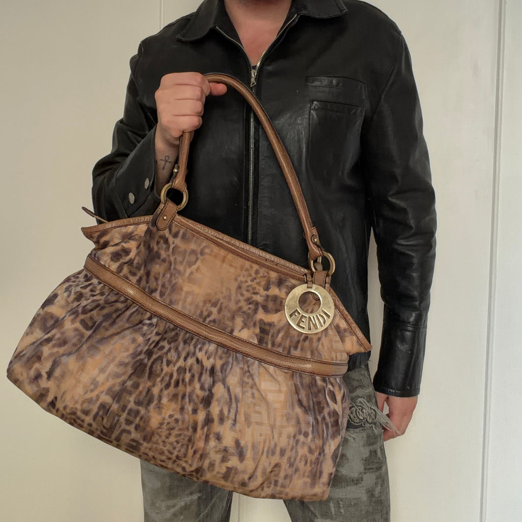 Fendi 2000s Large Lizard-Trimmed Zucca Chef Tote
