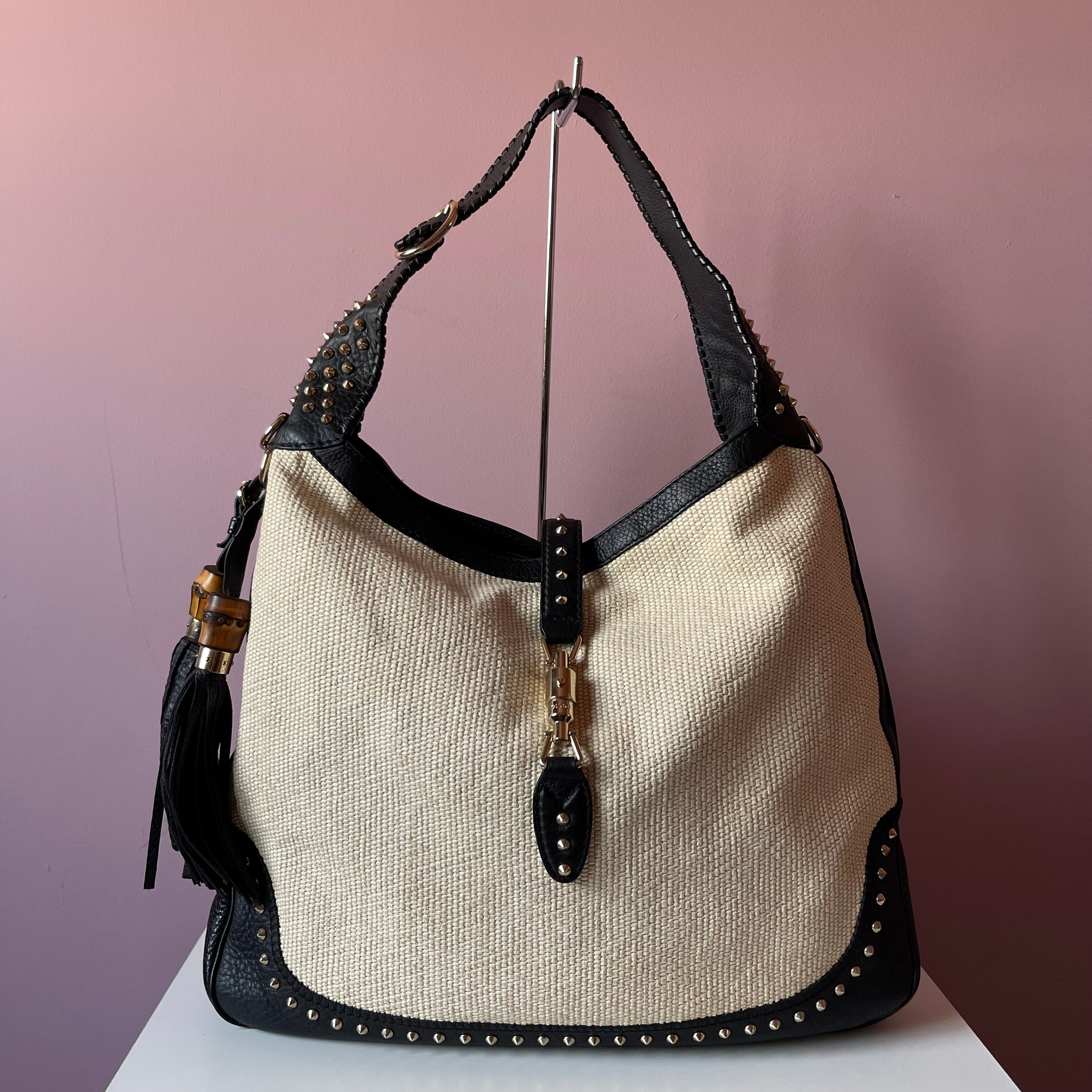 Gucci Raffia and Leather Studded New Jackie Large Shoulder Bag