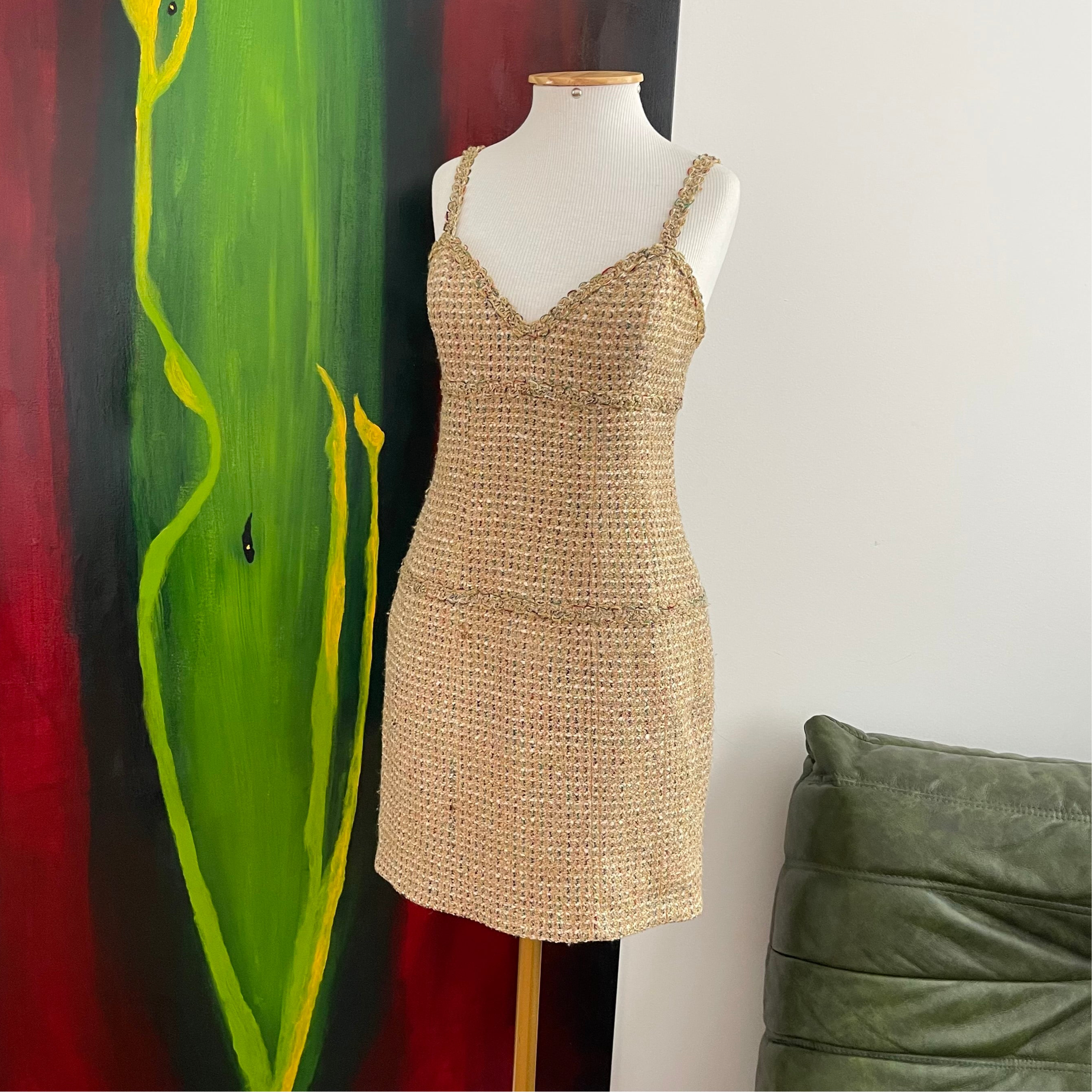 Chanel Tweed Gold Mini Dress Spring 1994