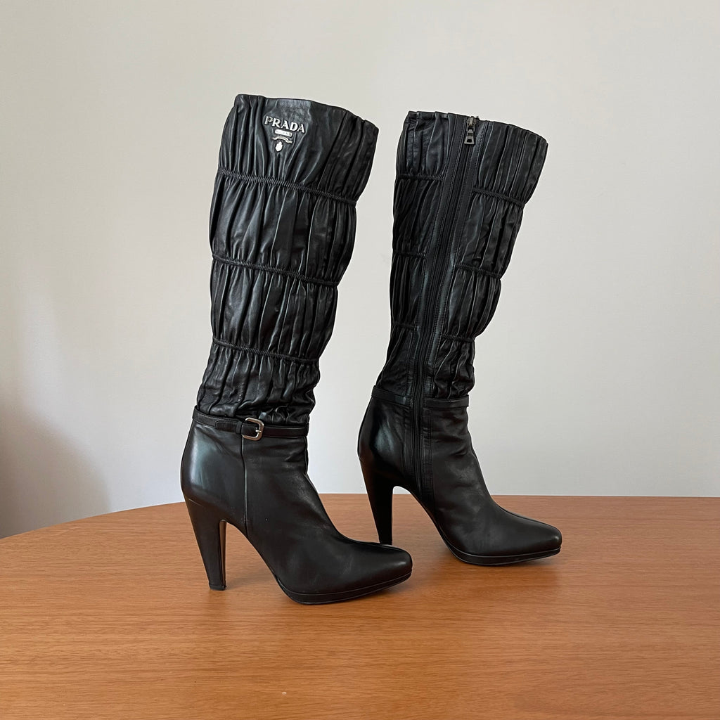 Prada Gaufre Black Leather Knee High Heeled Boots