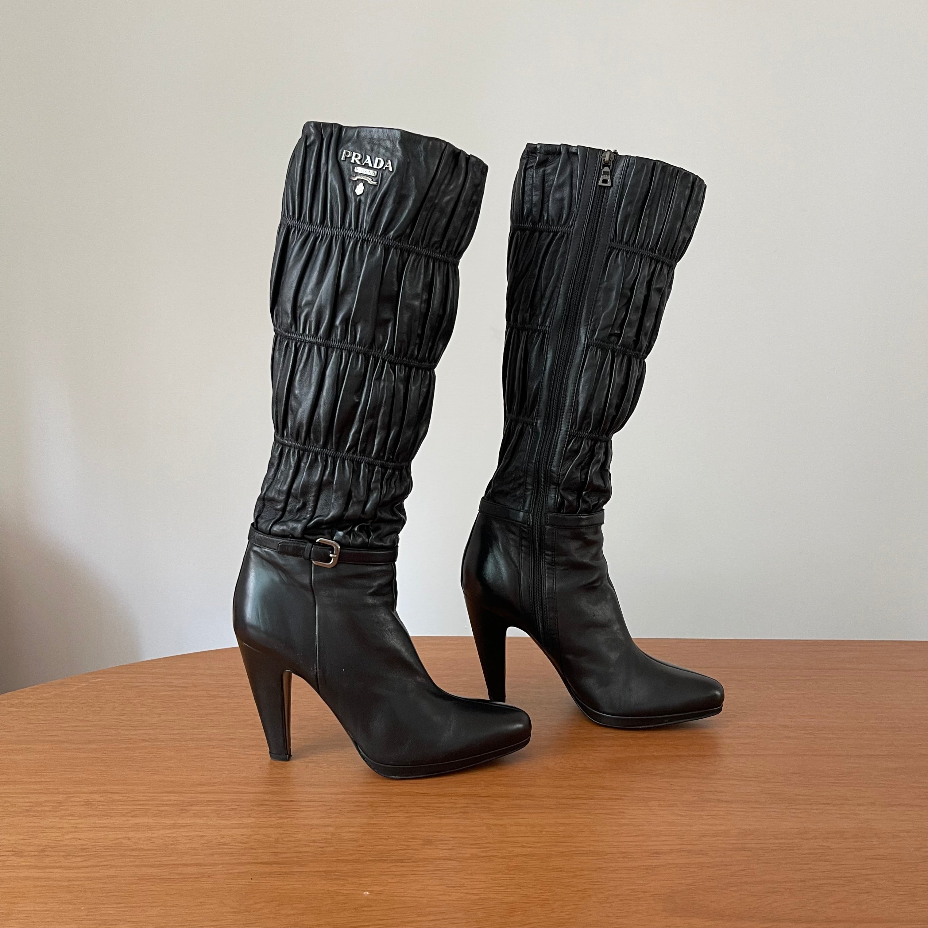 Prada Gaufre Black Leather Knee High Heeled Boots