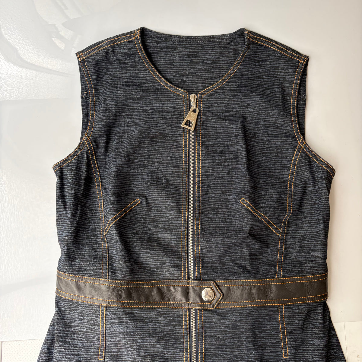 Louis Vuitton 2014 Blue Denim Leather Logo Zip Dress