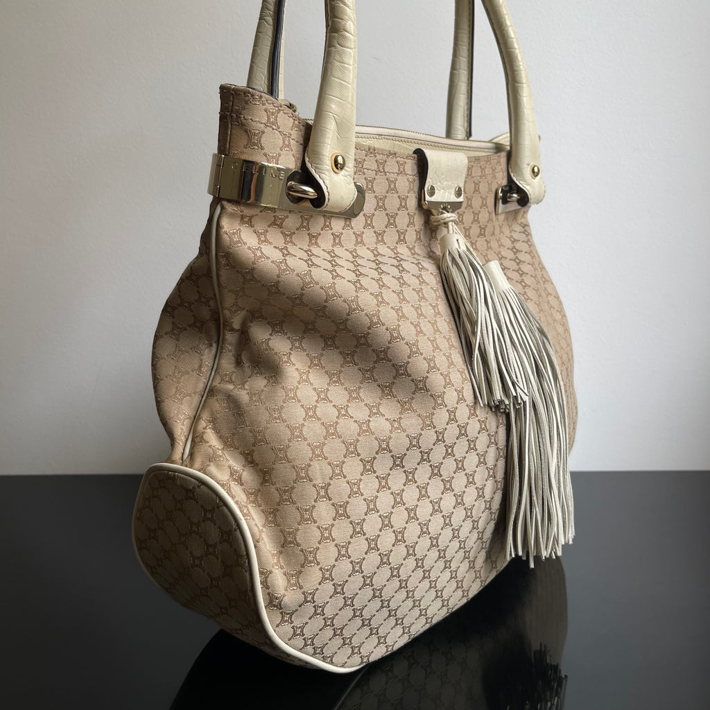 Céline Ivory Monogram Canvas Leather Tassel Bag