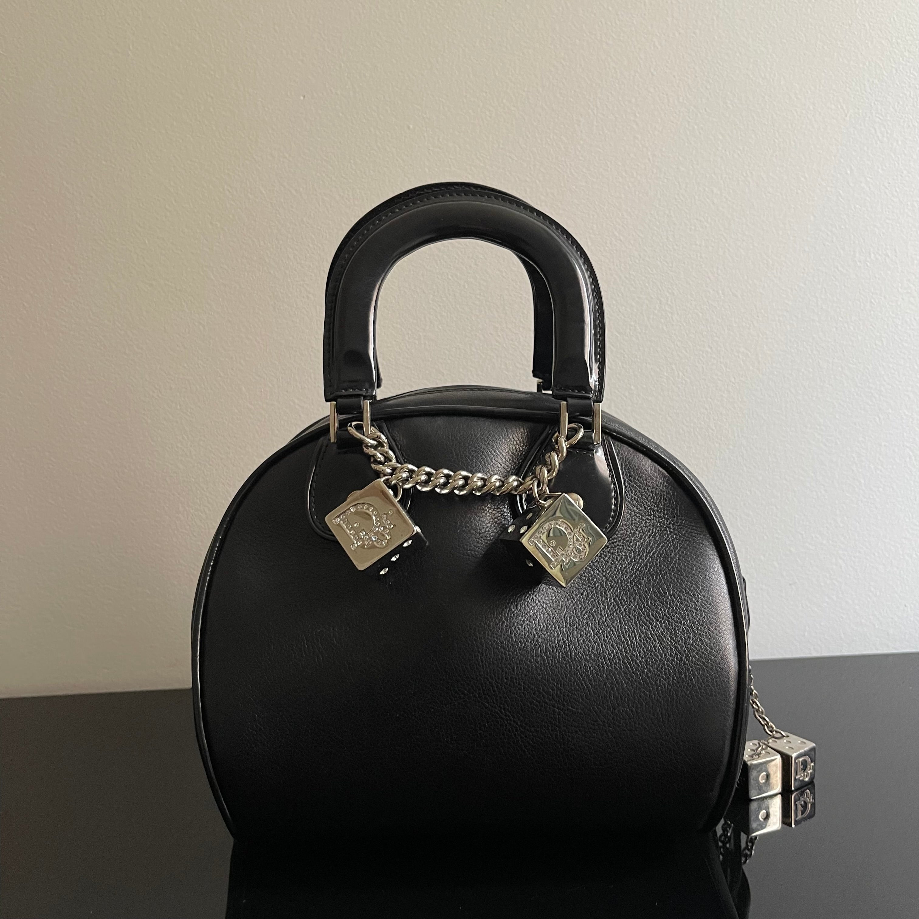 Christian Dior Gambler Dice Bowling Black Leather Bag