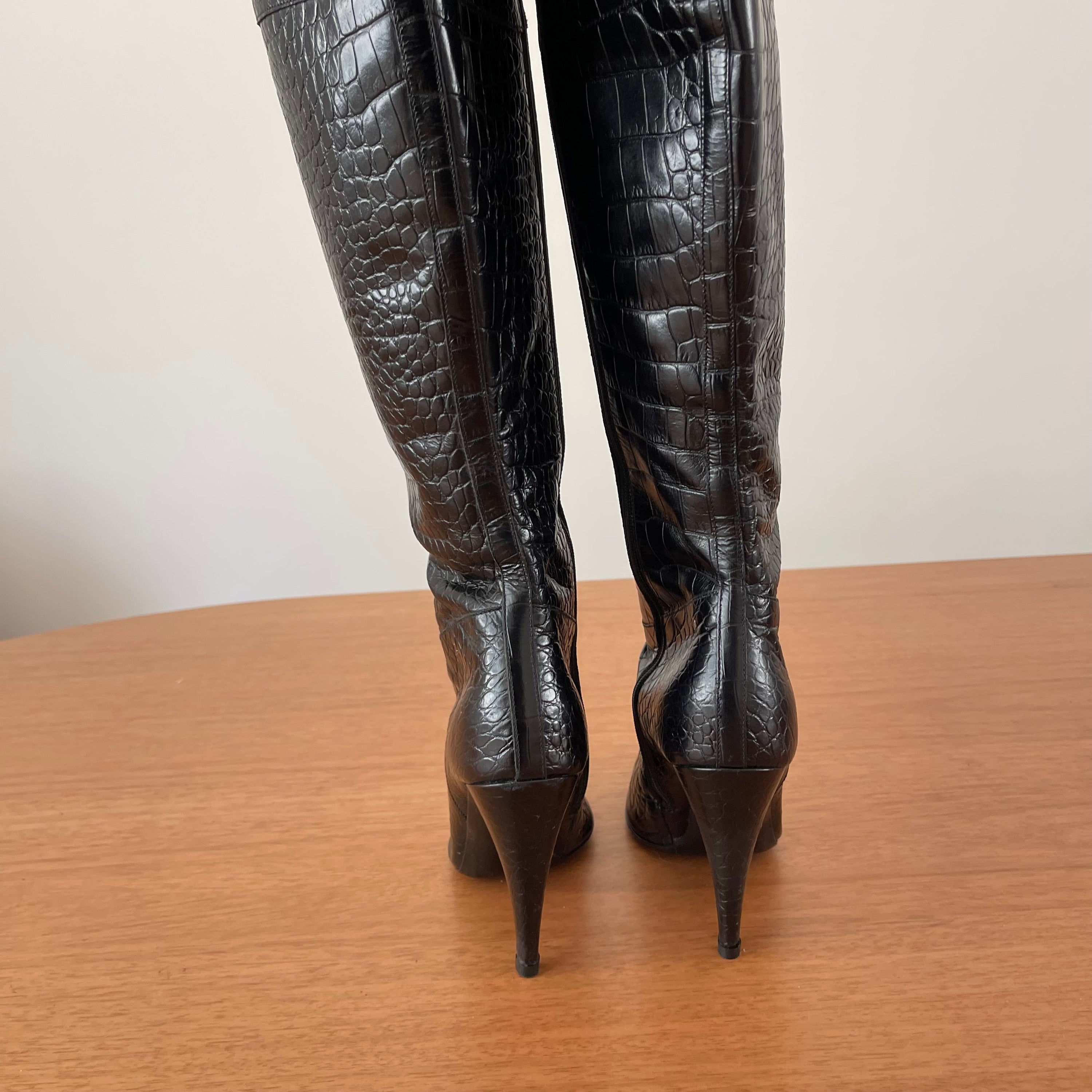 Prada Vintage Knee-High Crocodile Black Leather Boots