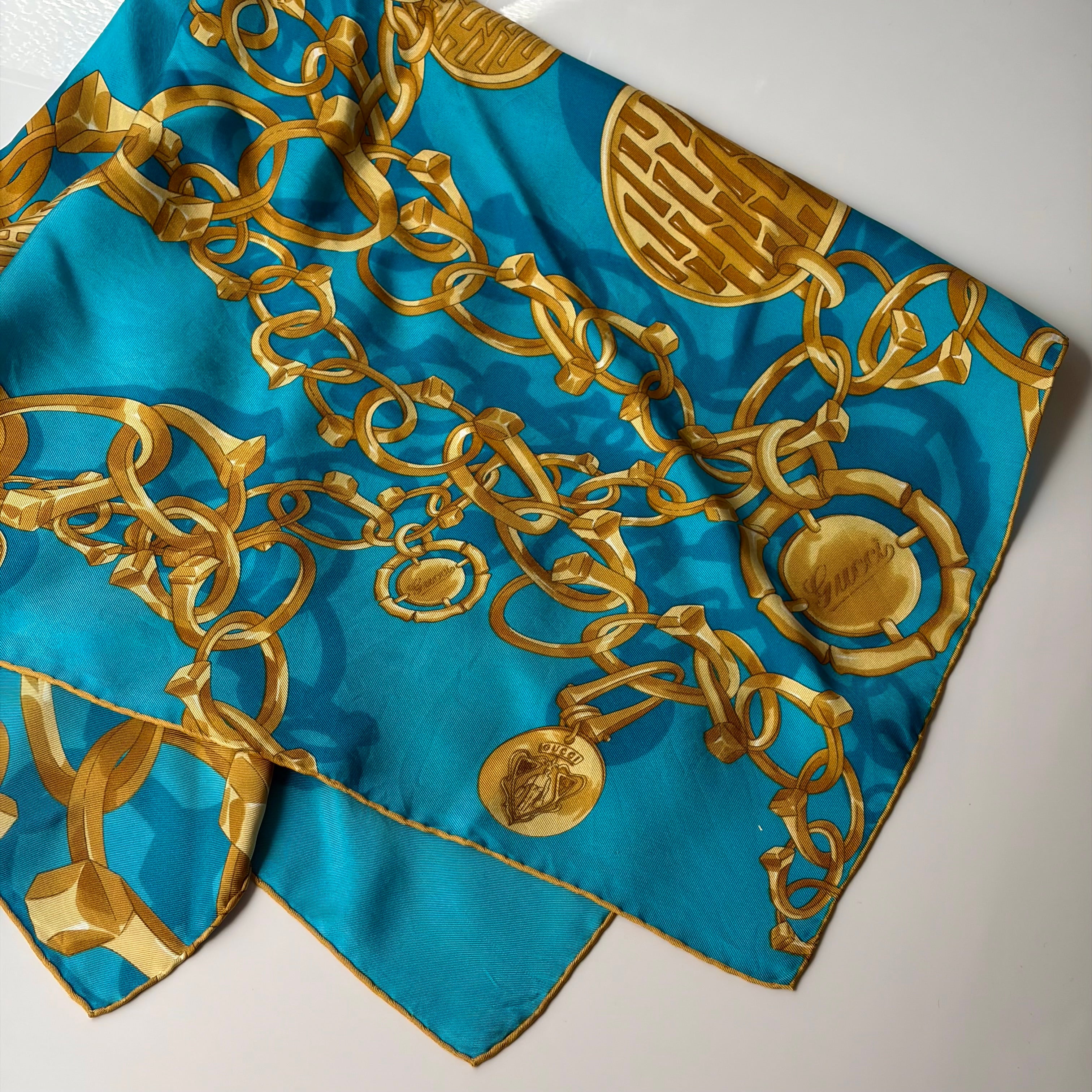 Gucci Turquoise Chain Silk Scarf