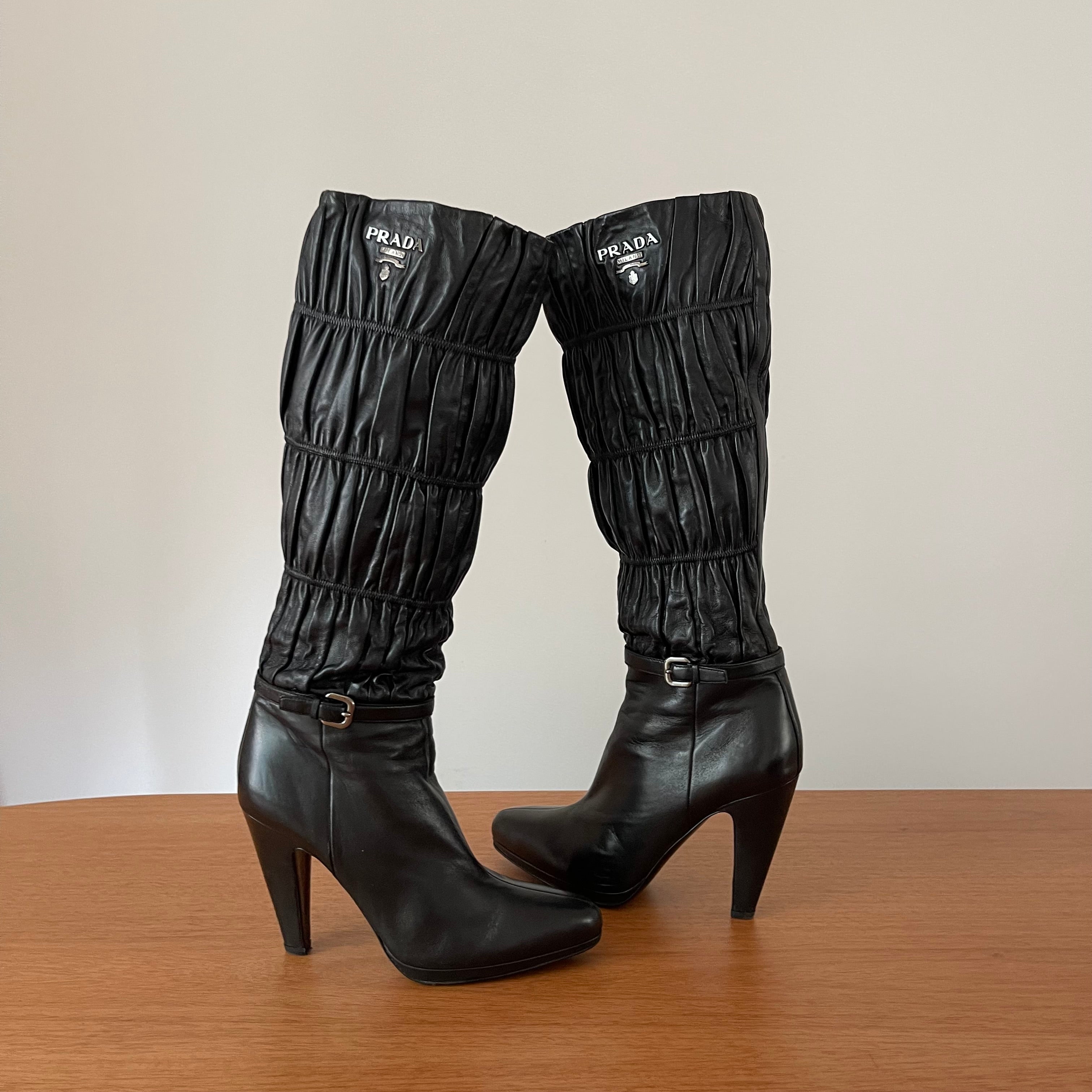 Prada Gaufre Black Leather Knee High Heeled Boots