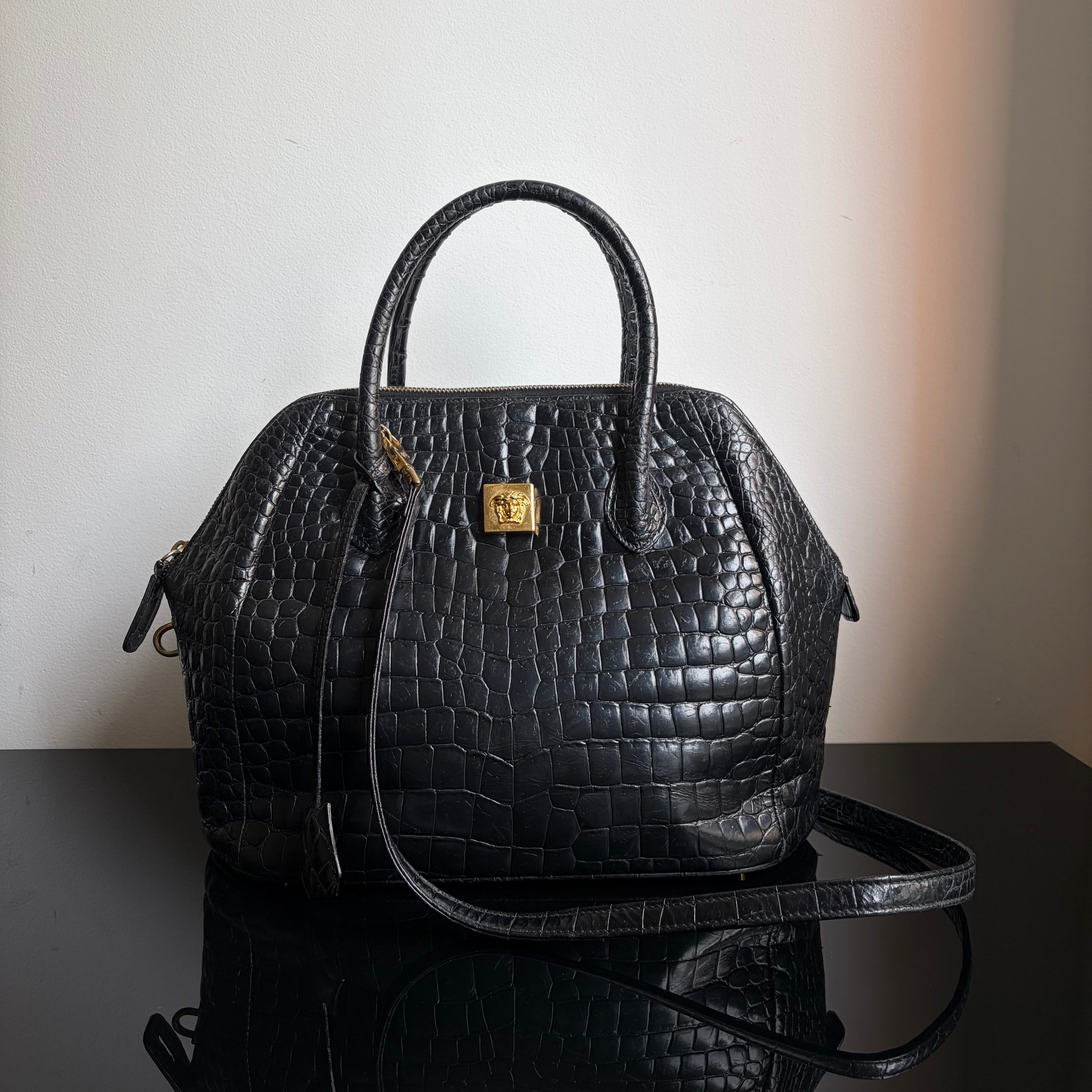 Gianni Versace 90s Crocodile-Embossed Top Handle Bag