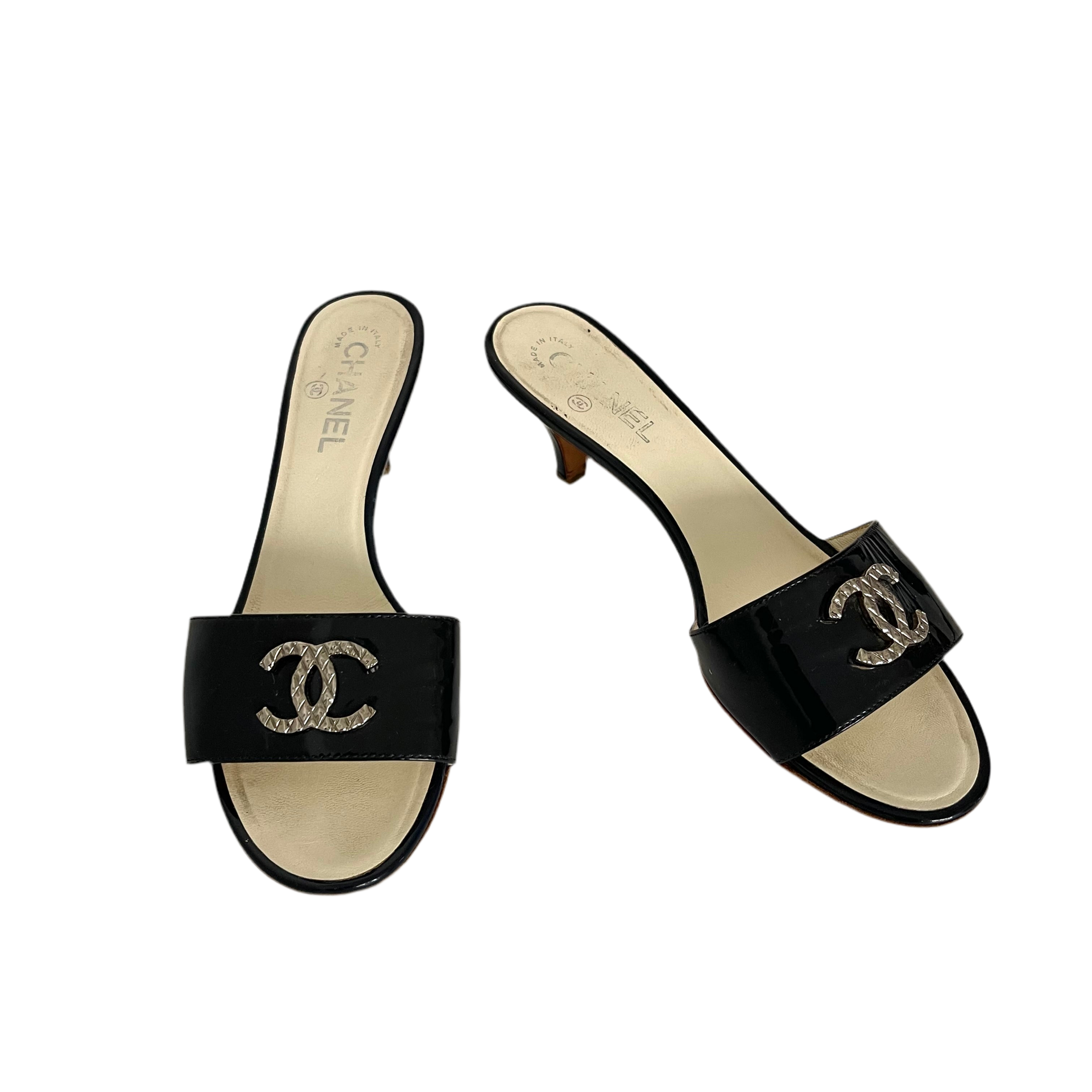 Chanel Patent Leather Logo Sandals