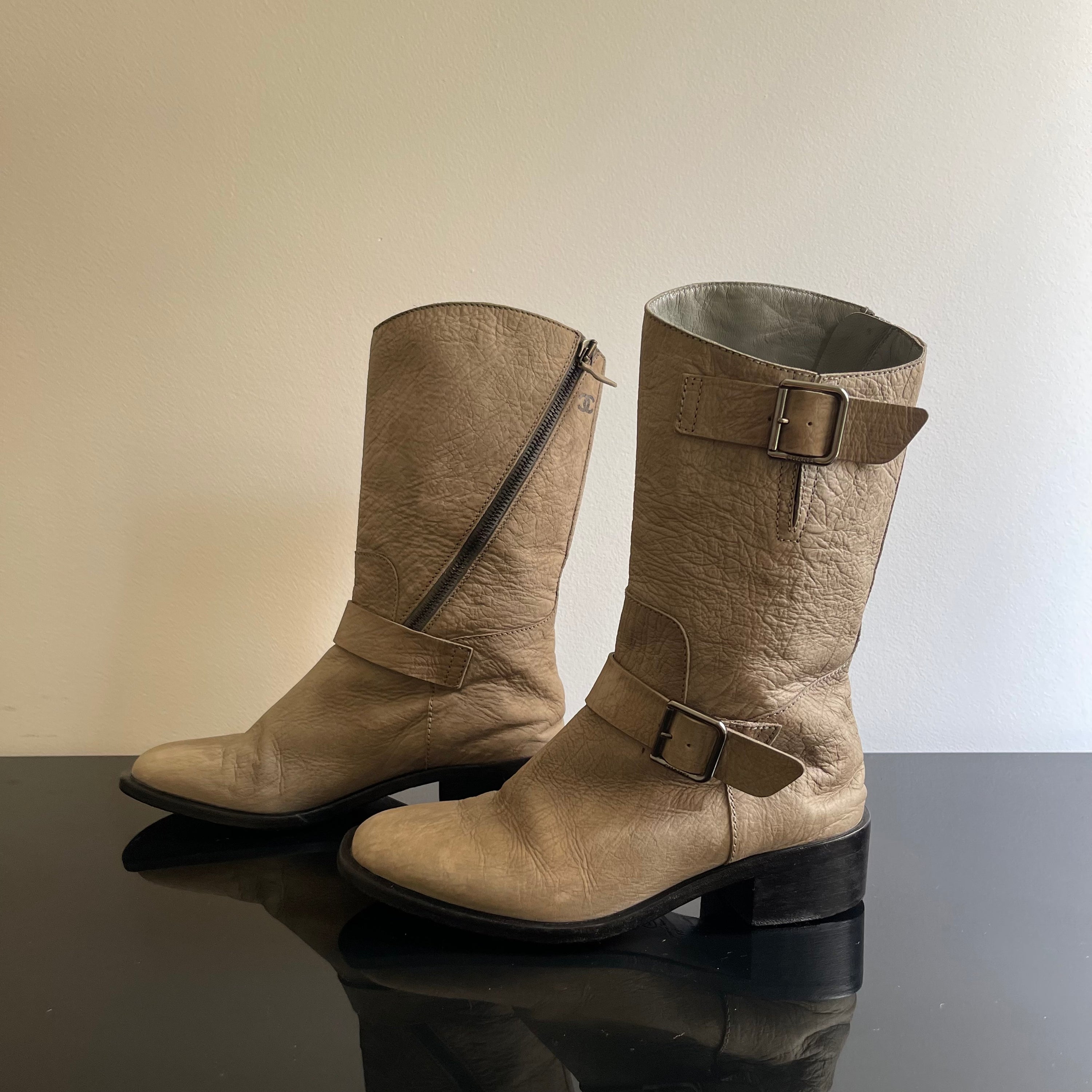 Chanel Gray Leather Biker Boots