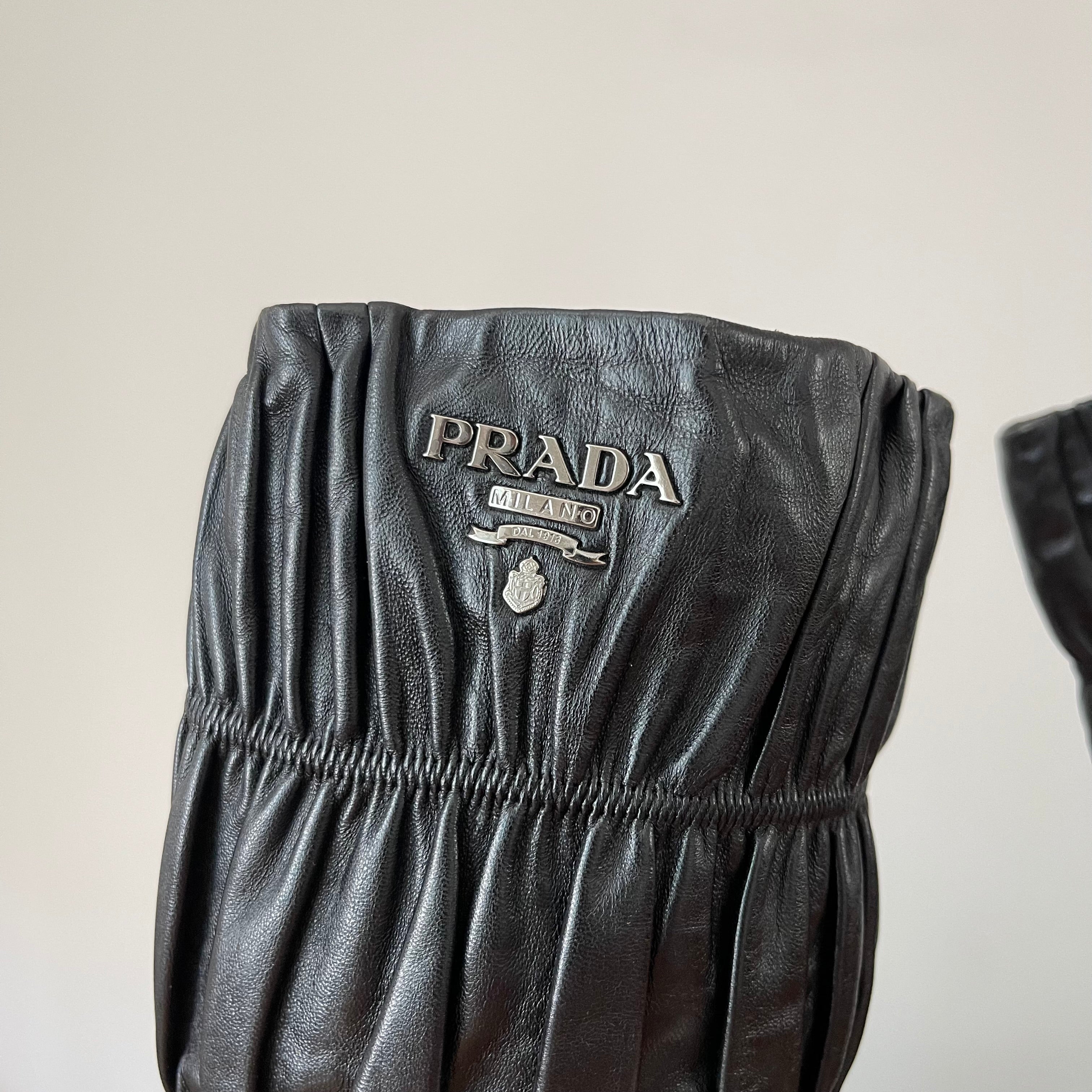 Prada Gaufre Black Leather Knee High Heeled Boots