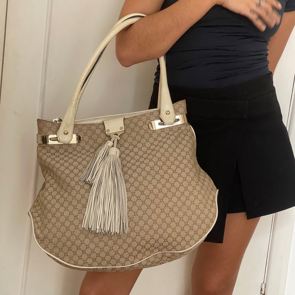 Céline Ivory Monogram Canvas Leather Tassel Bag