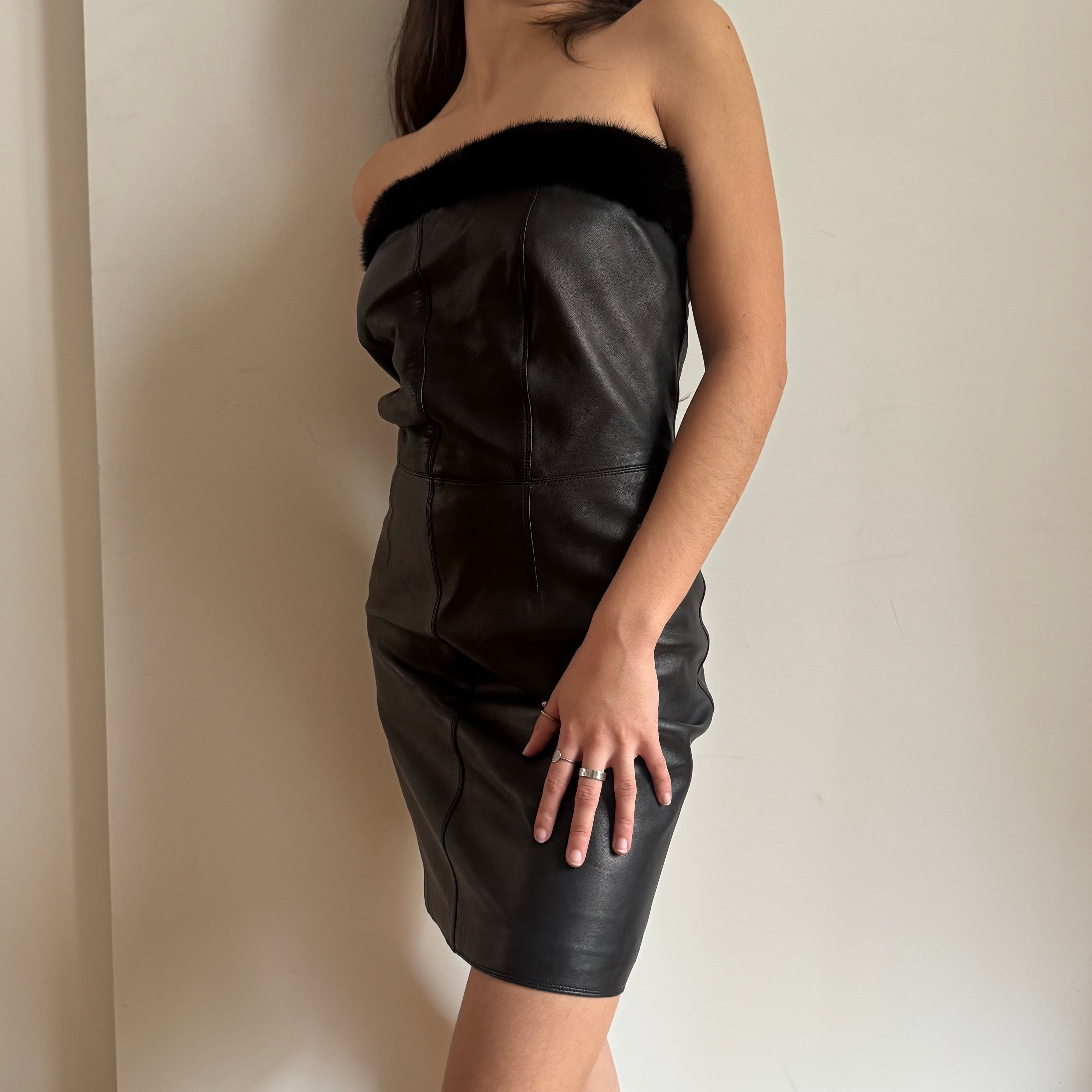 Gianni Versace 1997 Fur Trimmed Black Leather Dress