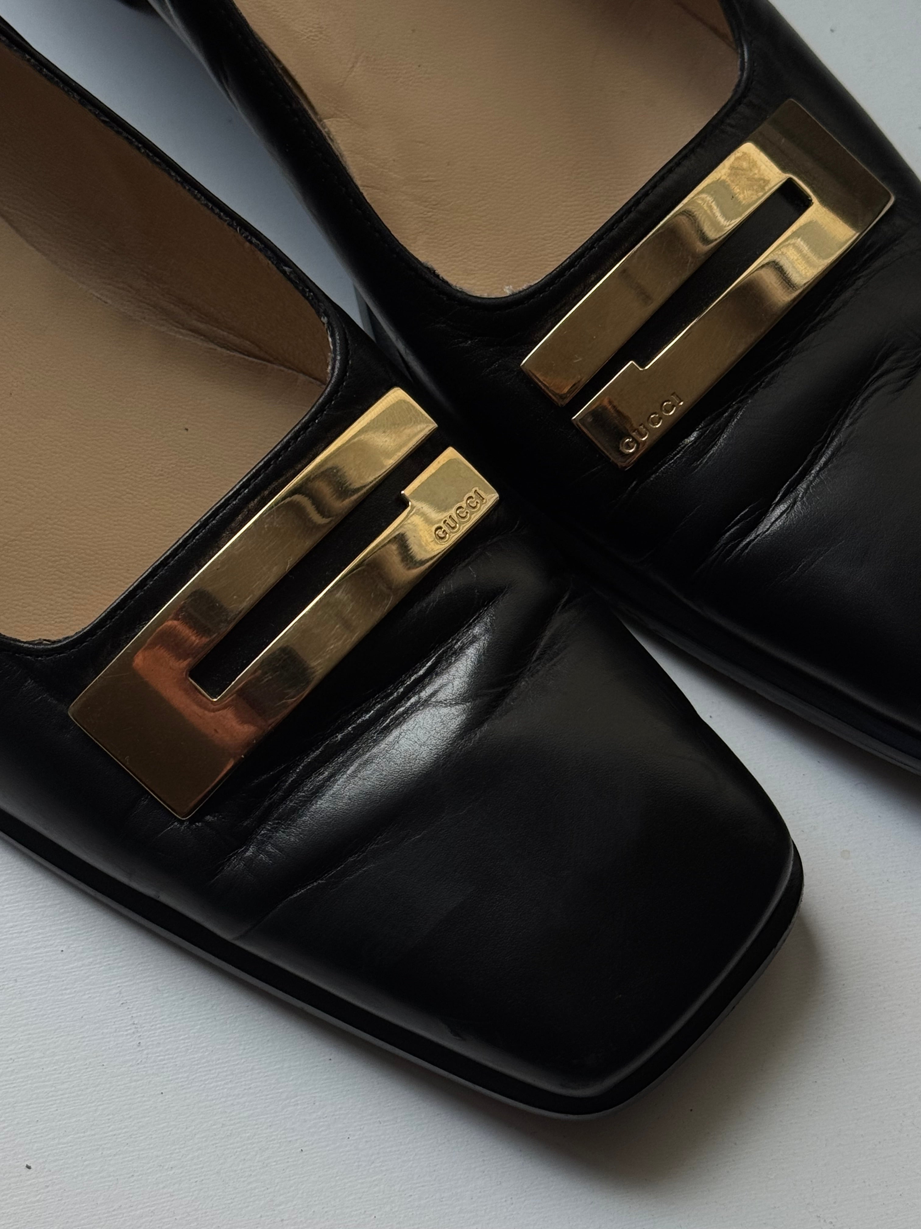 Gucci Vintage Black Leather Square-Toe Loafers