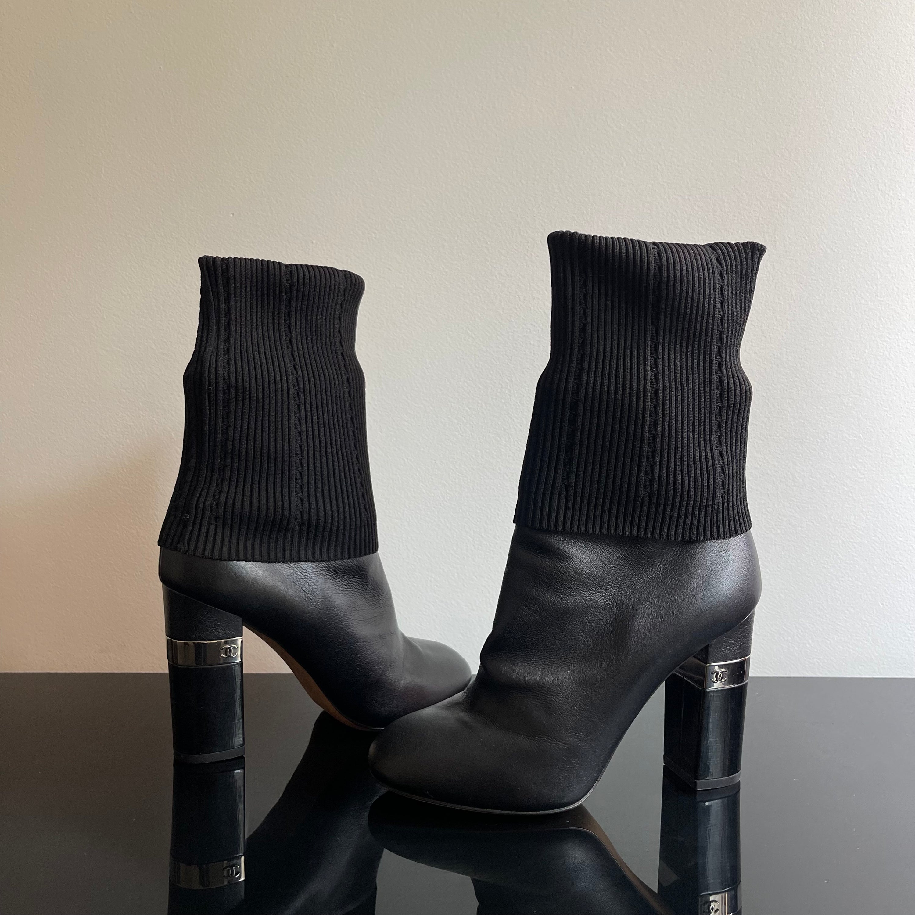 Chanel Black Leather Ankle Sock Boots