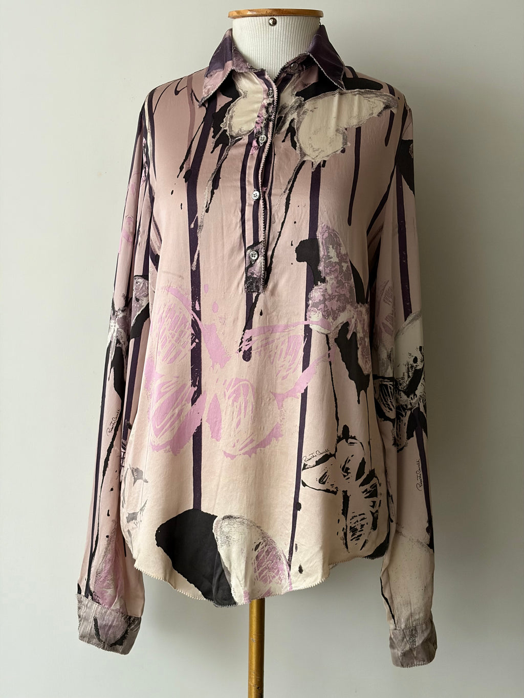 Roberto Cavalli Pink Butterfly Print Silk Shirt
