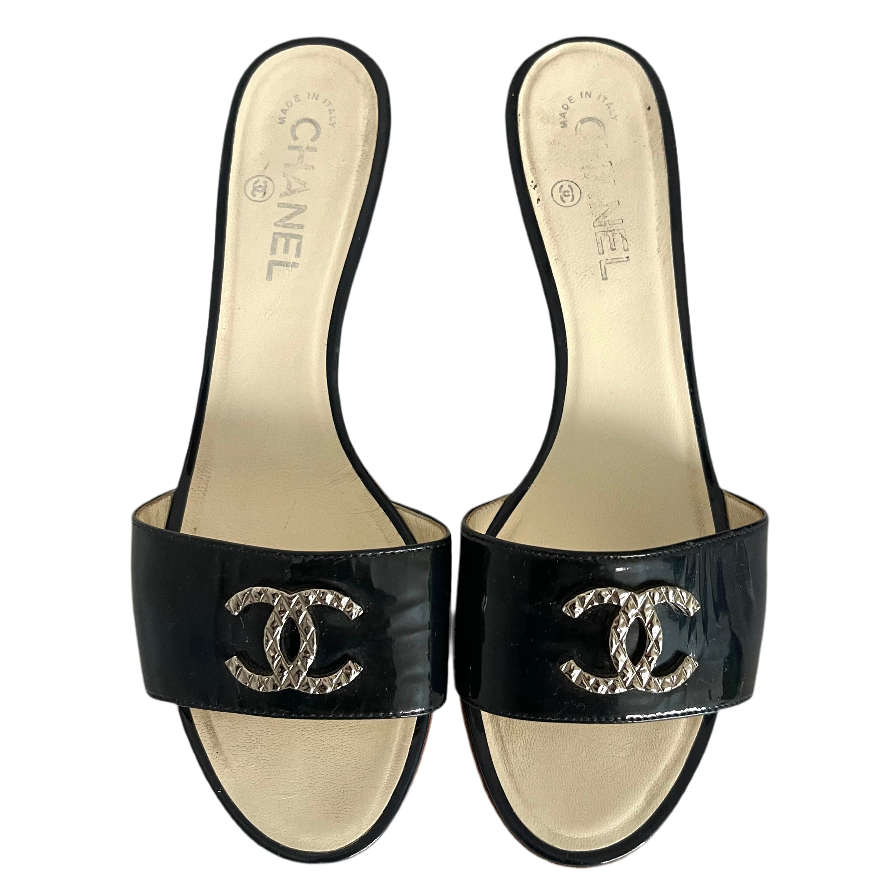 Chanel Patent Leather Logo Sandals