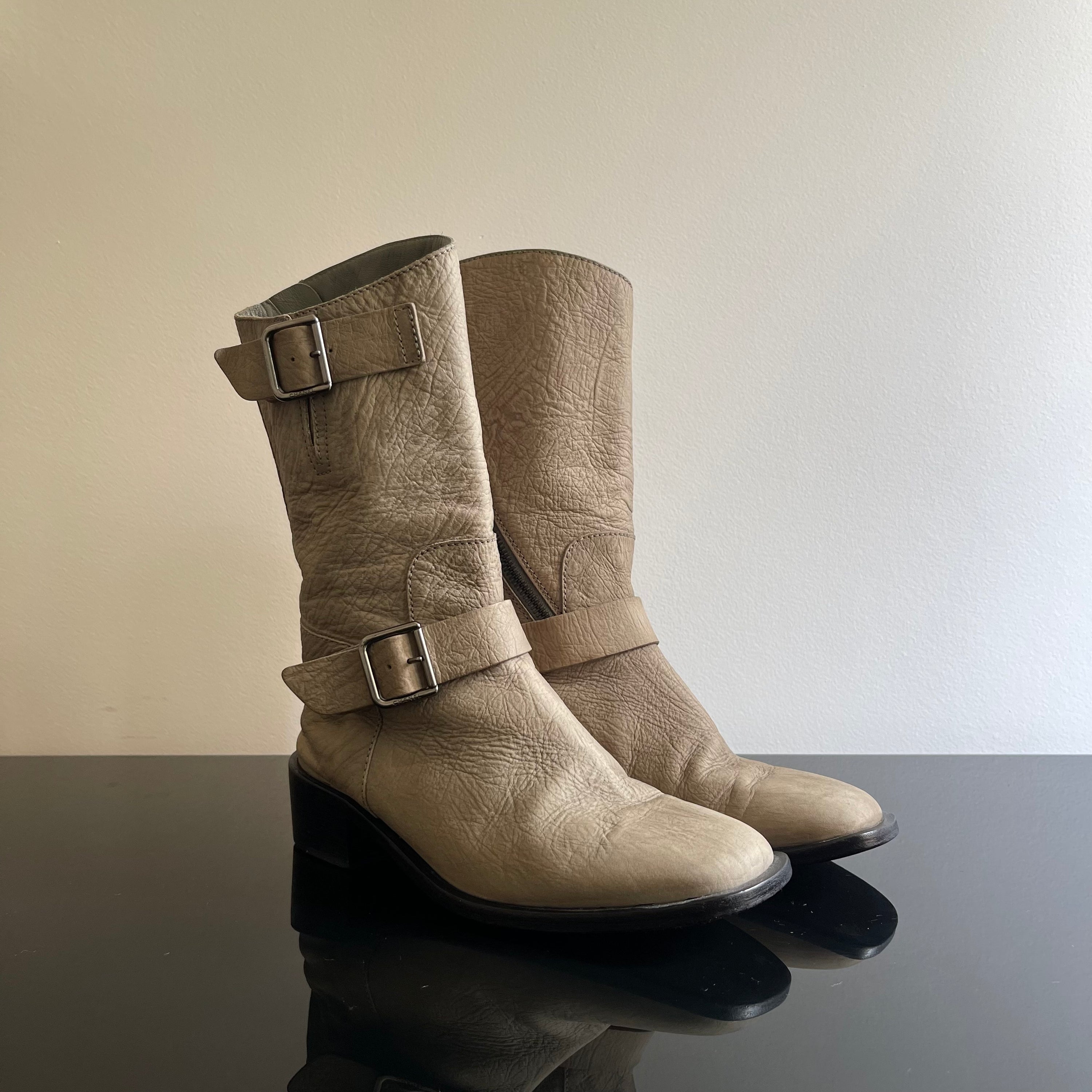 Chanel Gray Leather Biker Boots