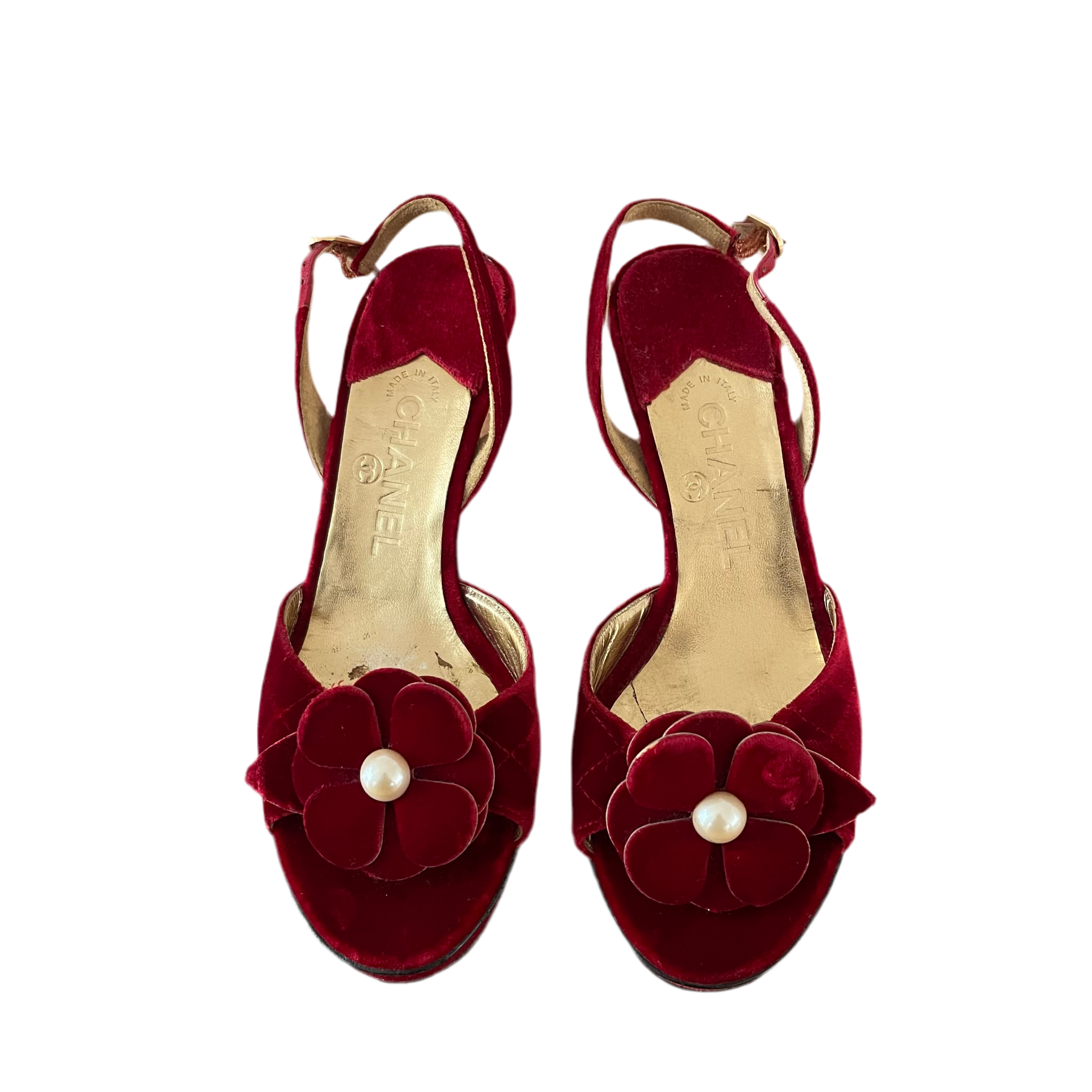 Chanel Red Floral Camellia Velvet Heels Pearl Toe