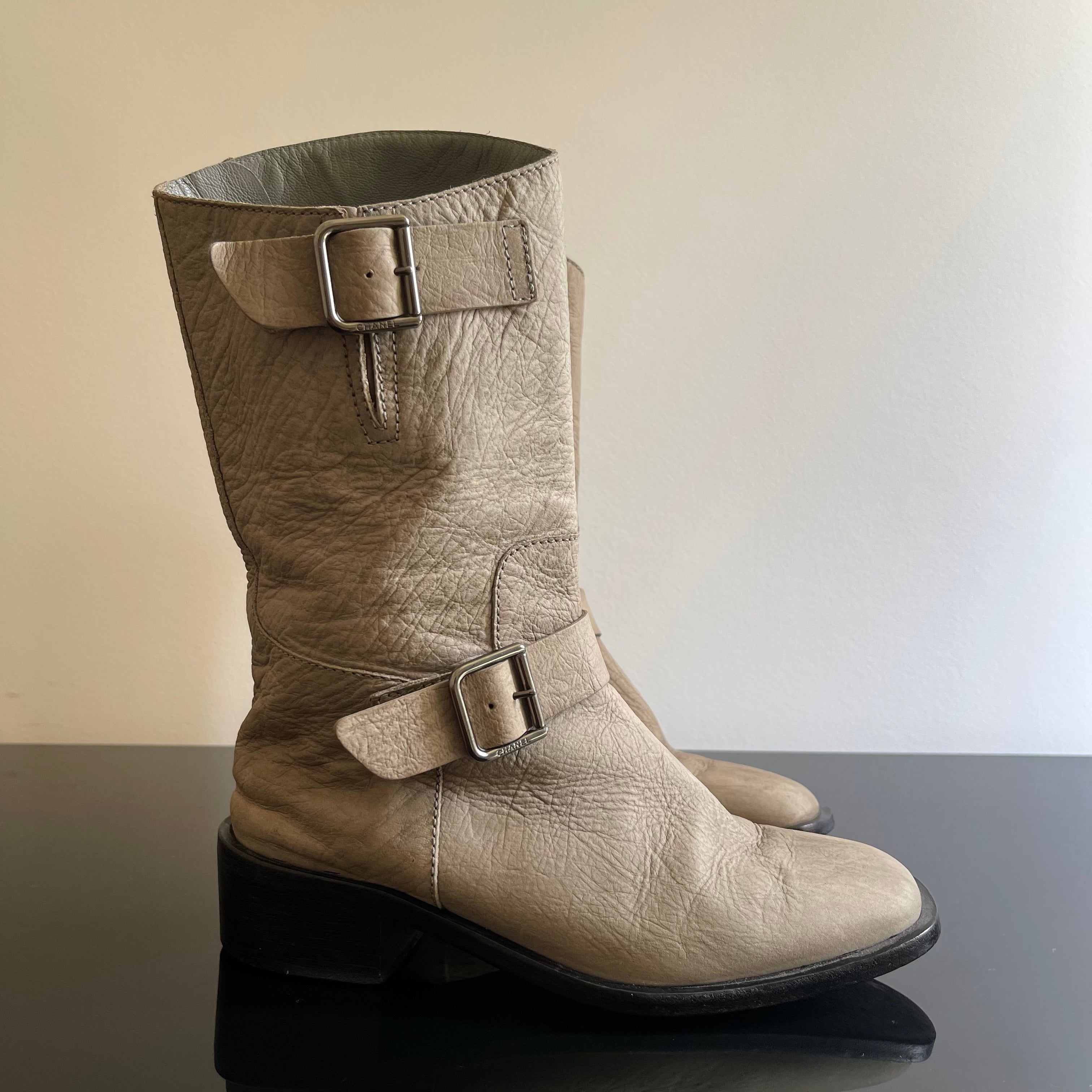 Chanel Gray Leather Biker Boots