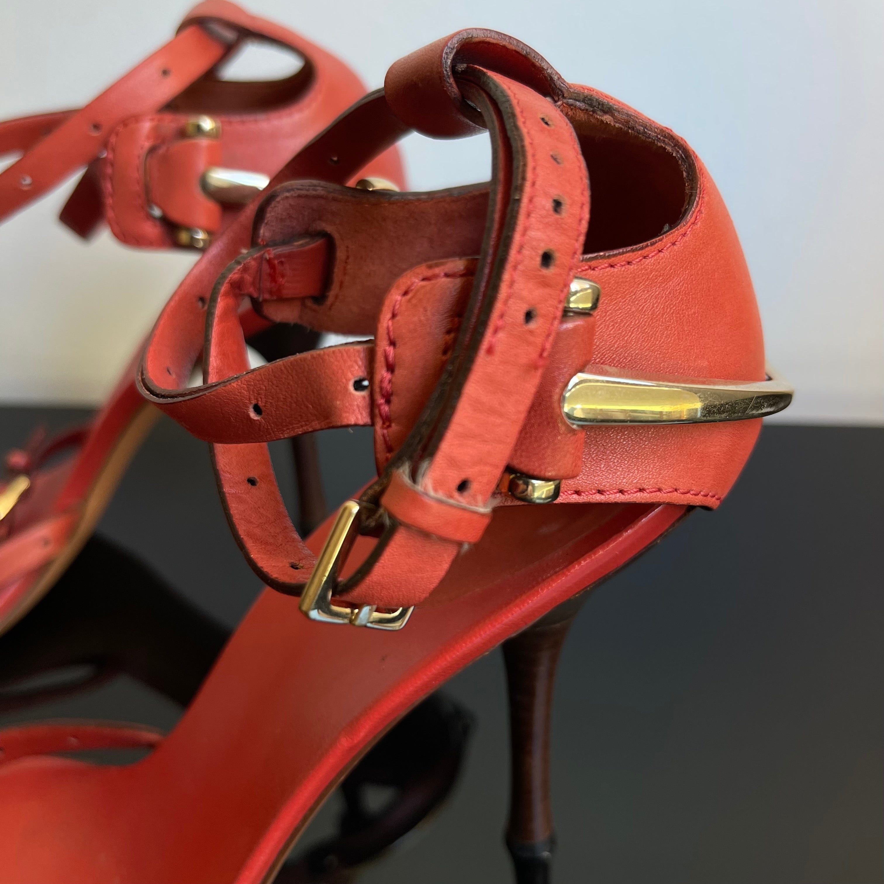 Gucci Tom Ford Vintage Horsebit Red Leather Strappy Heels