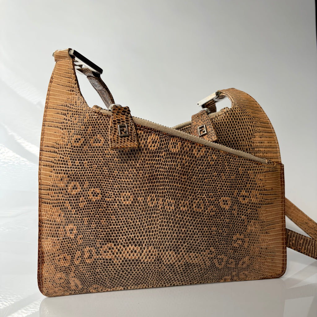 Fendi Brown Lizard Embossed Leather Shoulder Bag