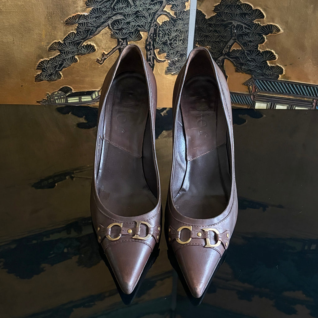 Christian Dior CD Logo Brown Leather Heels